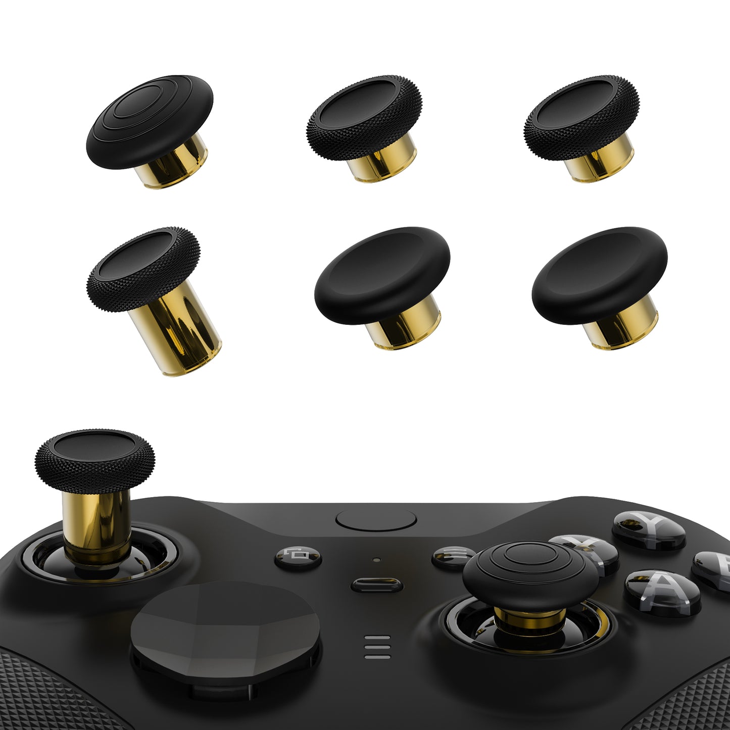 6 in 1 Metal Replacement Thumbsticks for Xbox Elite Series 2 & Elite 2 Core Controller (Model 1797) - Black & Metallic Hero Gold eXtremeRate