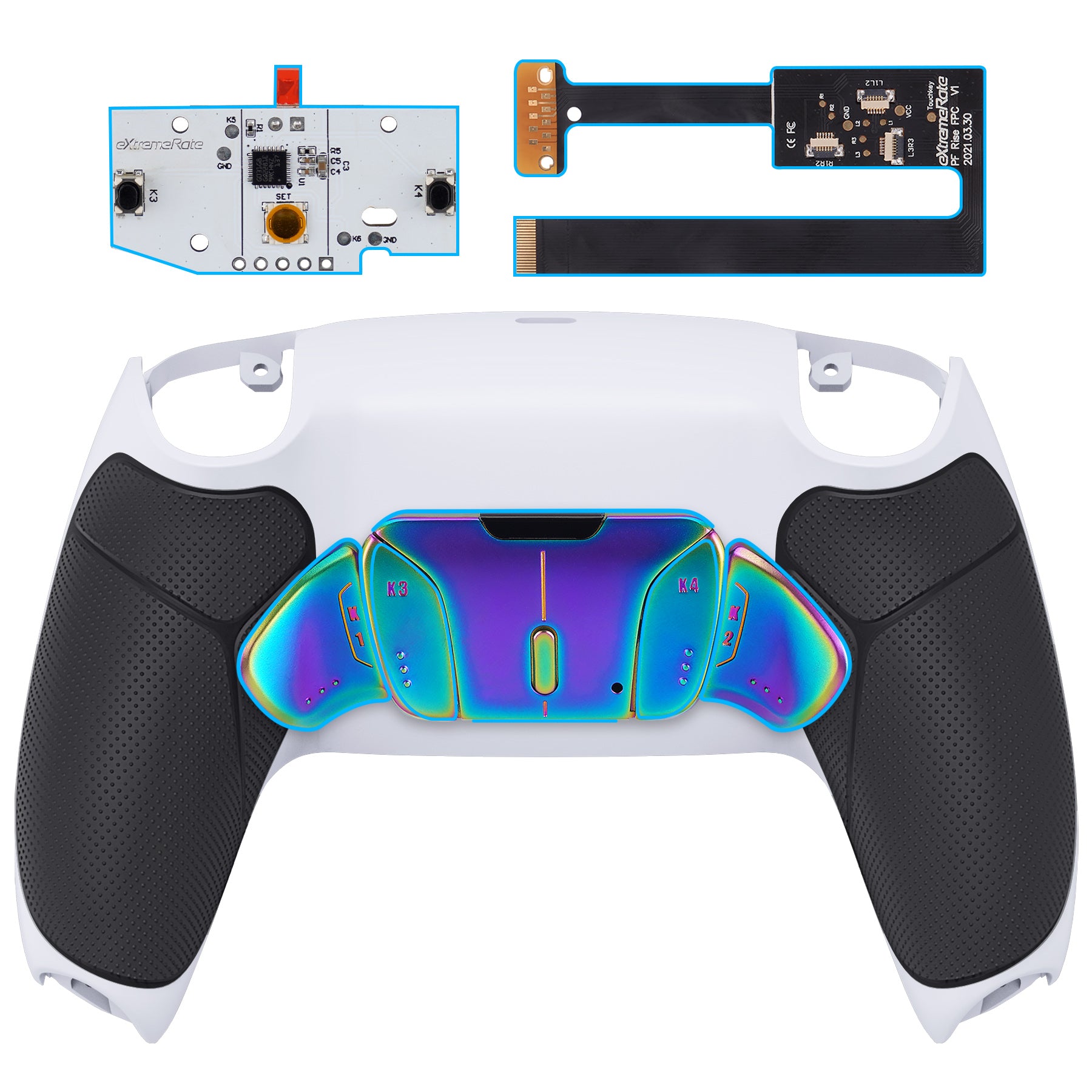 eXtremeRate Rainbow Aura Blue Purple Real Metal Buttons RMB RISE4 Remap Kit  for PS5 Controller BDM-010 020 with Black Rubberized Grip White Back Shell,  Upgrade Board, 4 Back Buttons for PS5 Controller –