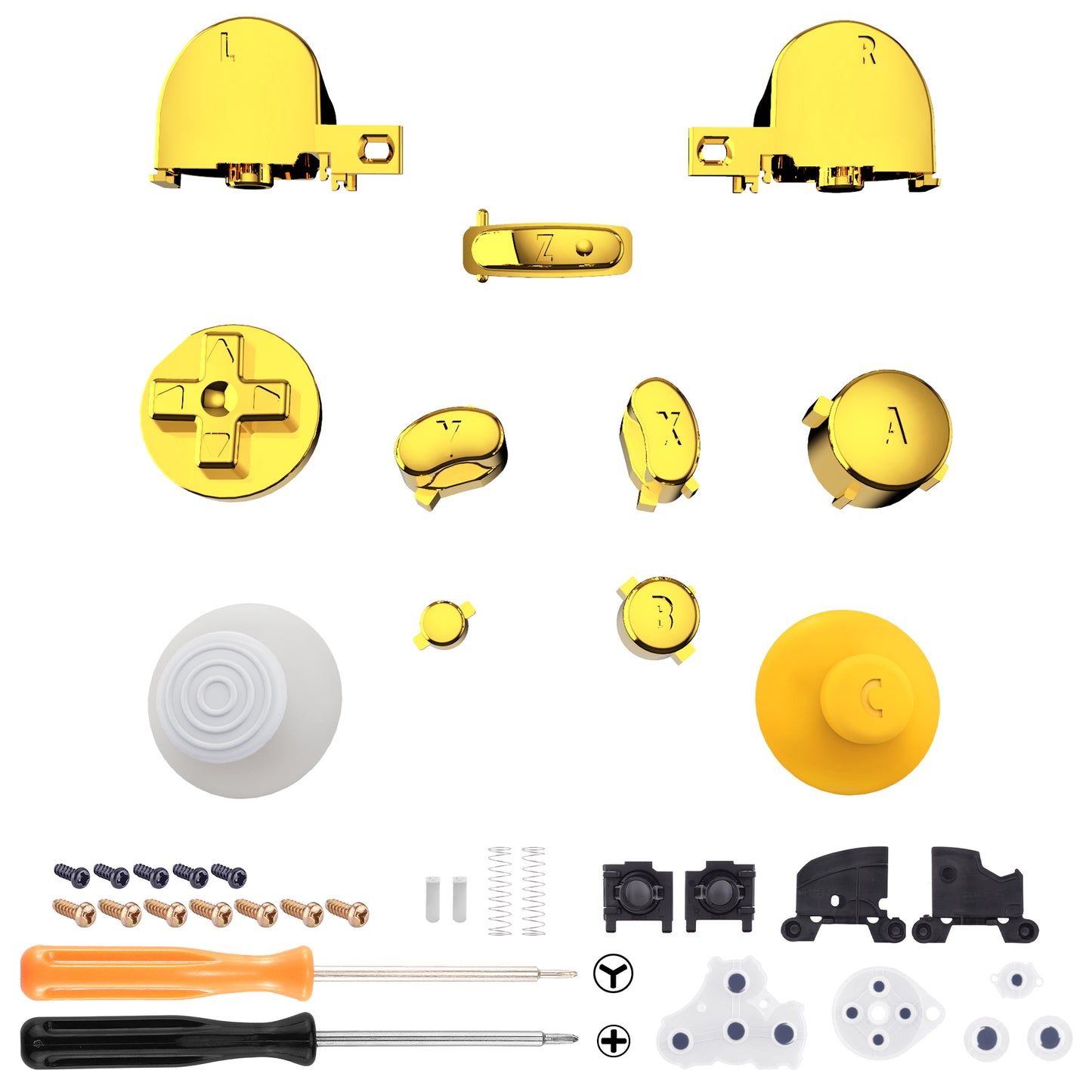 eXtremeRate Retail Chrome Gold Repair ABXY D-pad Z L R Keys for Nintendo GameCube Controller, DIY Replacement Full Set Buttons Thumbsticks & Tools for Nintendo GameCube Controller - Controller NOT Included - GCNJ3001