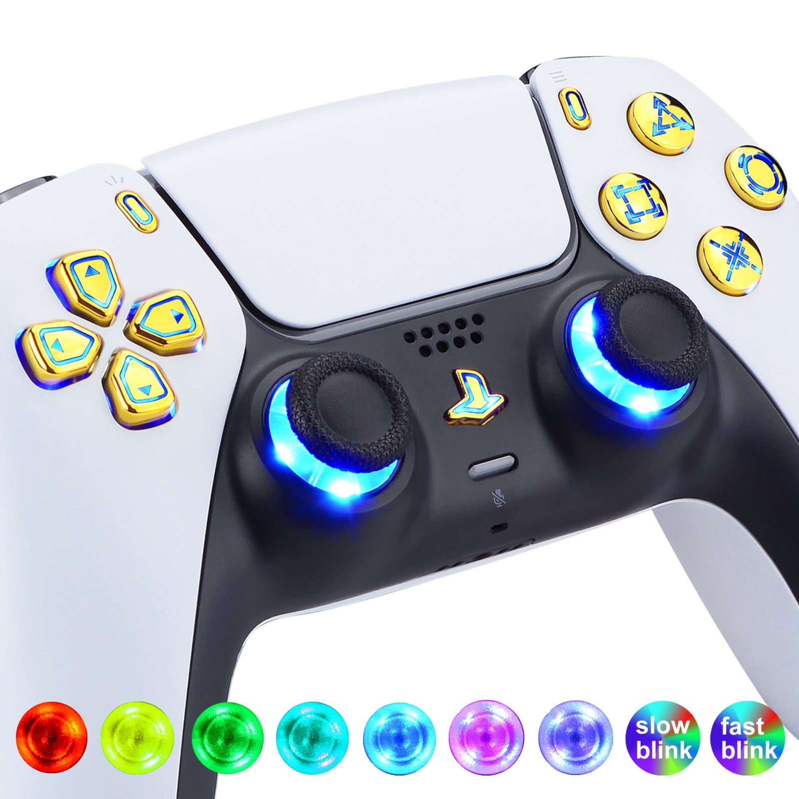 eXtremeRate Multi-Colors Luminated Dpad Thumbstick Share Home Face Buttons  for PS5 Controller, Chrome Gold Classical Symbols Buttons DTF V3 LED Kit  for PS5 Controller - Controller NOT Included – eXtremeRate Retail