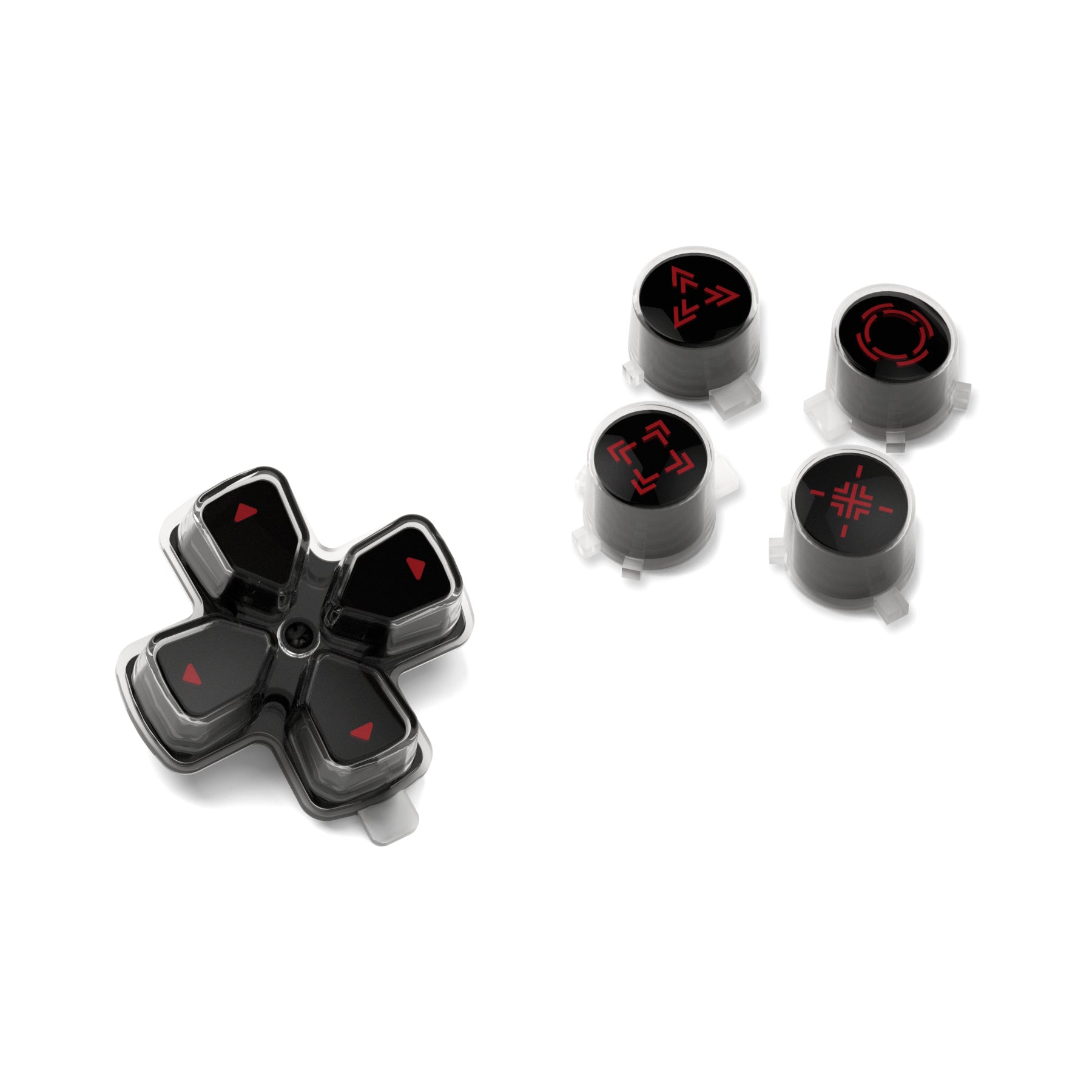 eXtremeRate Retail Replacement Custom Dpad Action Buttons Three-Tone Black & Clear With Black Carmine Red Redesigned Symbols D-pad Face Buttons For ps5 Controller - JPFF002