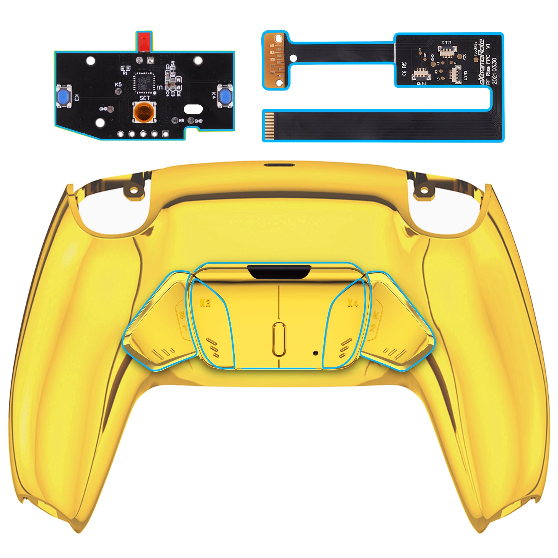 Chrome Gold Remappable RISE 4.0 Remap Kit for ps5 Controller BDM 010 & BDM  020, Upgrade Board & Redesigned Back Shell & 4 Back Buttons for ps5