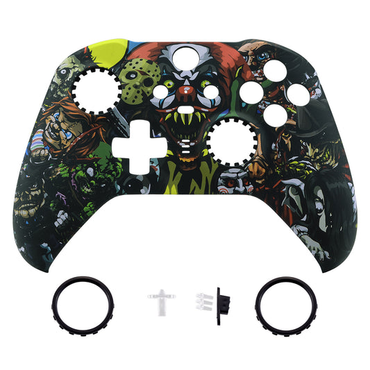 Scary Party Patterned Faceplate Cover, Soft Touch Front Housing Shell Case Replacement Kit for Xbox One Elite Series 2 Controller (Model 1797 and Core Model 1797) - Thumbstick Accent Rings Included - ELT104 eXtremeRate