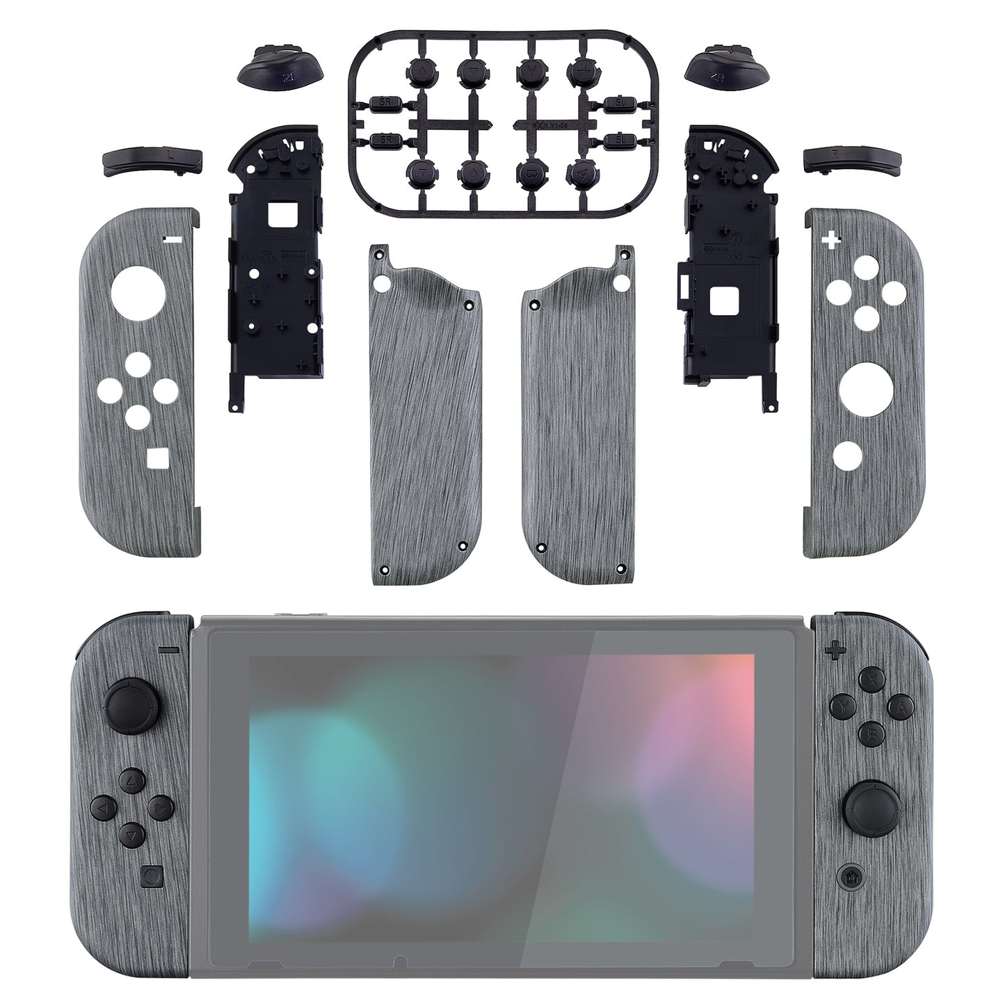 eXtremeRate Replacement Full Set Shell Case with Buttons for Joycon of NS Switch - Brushed Silver Patterned