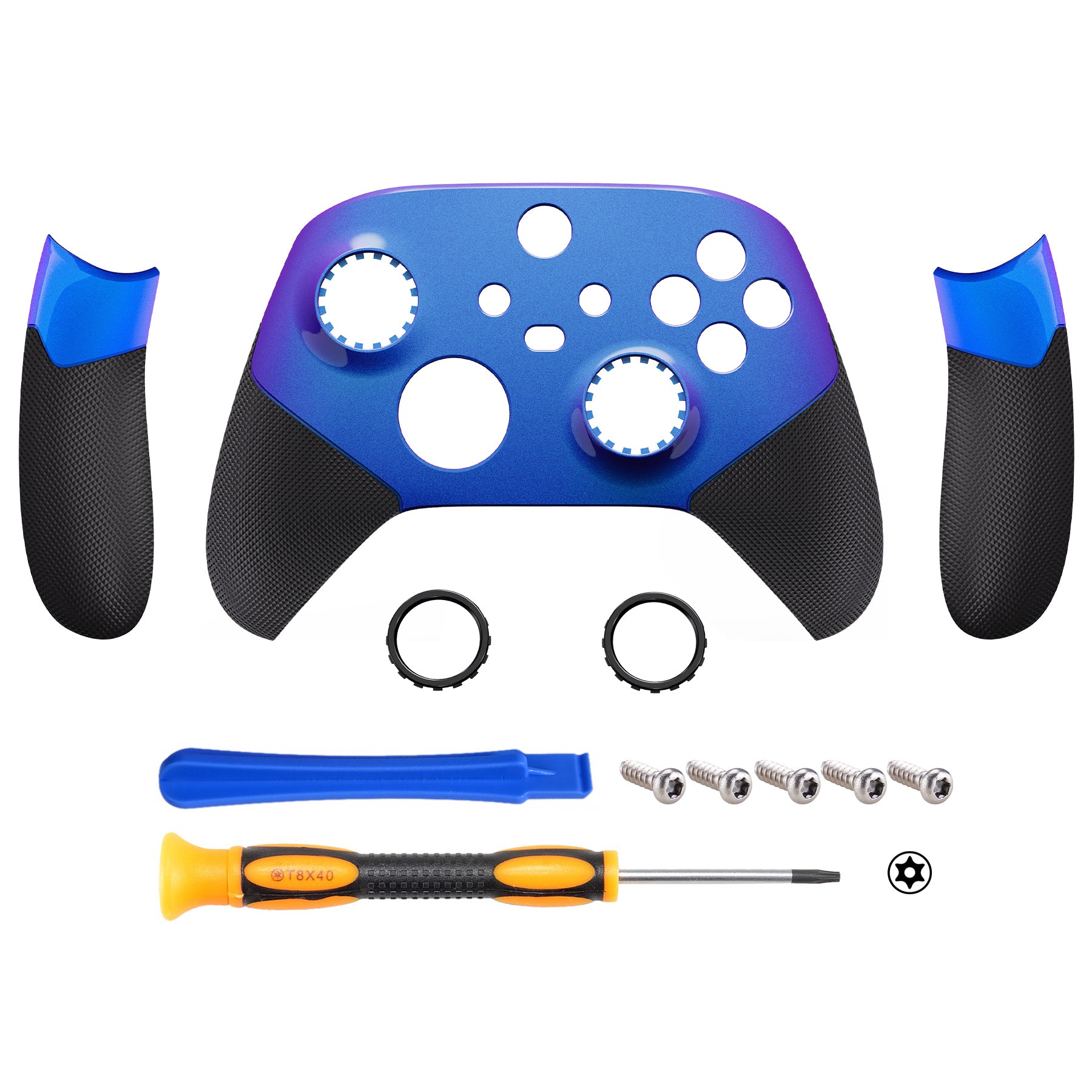 eXtremeRate Retail Chameleon Purple Blue ASR Version Performance Rubberized Side Rails Front Shell with Accent Rings for Xbox Series X/S Controller - ZX3C3002