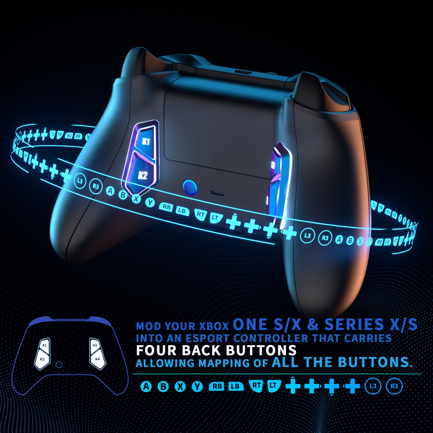 eXtremeRate Retail Redesigned K1 K2 K3 K4 Back Buttons For eXtremerate VICTOR S/X Remap Kit, Compatible With Xbox One S/X & Xbox Series X/S Controller - Chameleon Purple Blue