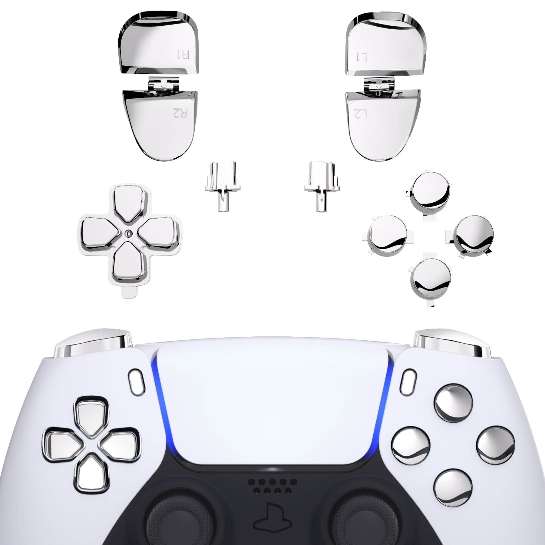 eXtremeRate Retail Replacement D-pad R1 L1 R2 L2 Triggers Share Options Face Buttons, Chrome Silver Full Set Buttons Compatible with ps5 Controller BDM-030 - JPF2002G3