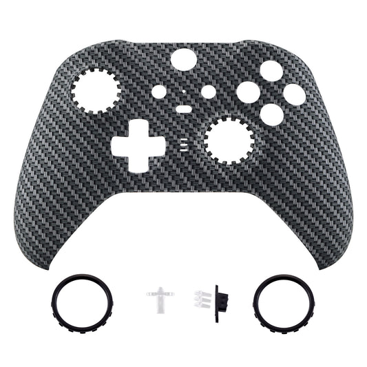 Black Silver Carbon Fiber Patterned Faceplate Cover, Soft Touch Front Housing Shell Case Replacement Kit for Xbox One Elite Series 2 Controller (Model 1797 and Core Model 1797) - Thumbstick Accent Rings Included - ELS209 eXtremeRate