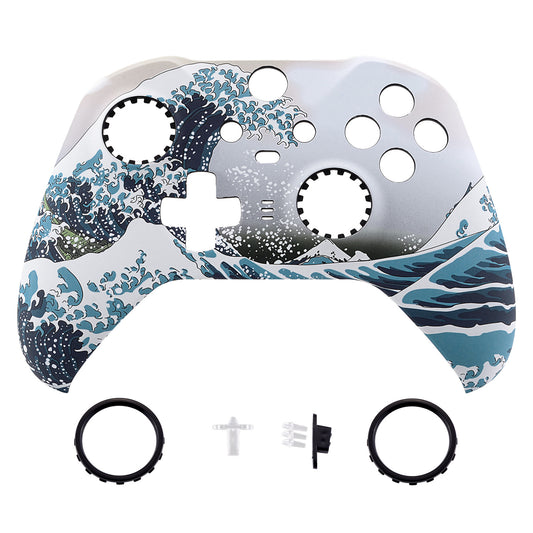 The Great Wave Patterned Faceplate Cover, Soft Touch Front Housing Shell Case Replacement Kit for Xbox One Elite Series 2 Controller (Model 1797 and Core Model 1797) - Thumbstick Accent Rings Included - ELT106 eXtremeRate