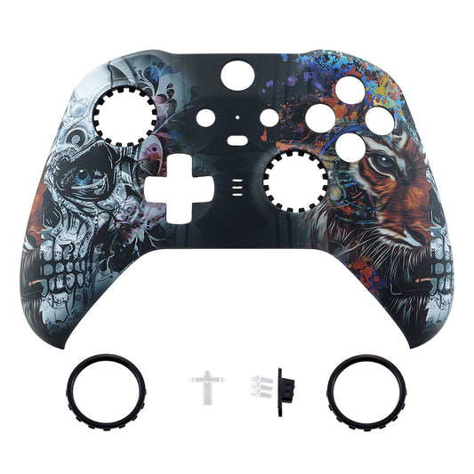 Tiger Skull Patterned Faceplate Cover, Soft Touch Front Housing Shell Case Replacement Kit for Xbox One Elite Series 2 Controller (Model 1797 and Core Model 1797) - Thumbstick Accent Rings Included - ELT113 eXtremeRate
