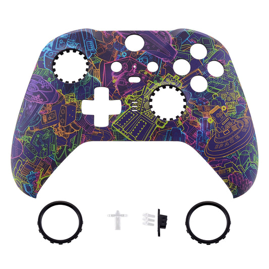 Neon Novel Patterned Faceplate Cover, Soft Touch Front Housing Shell Case Replacement Kit for Xbox One Elite Series 2 Controller (Model 1797 and Core Model 1797) - Thumbstick Accent Rings Included - ELT127 eXtremeRate
