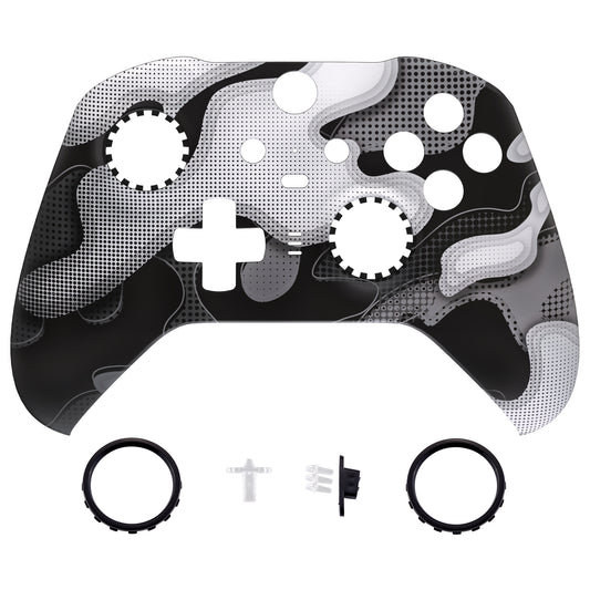 Black White Camouflage Faceplate Cover, Soft Touch Front Housing Shell Case Replacement Kit for Xbox One Elite Series 2 Controller Model 1797 - Thumbstick Accent Rings Included - ELT147 eXtremeRate