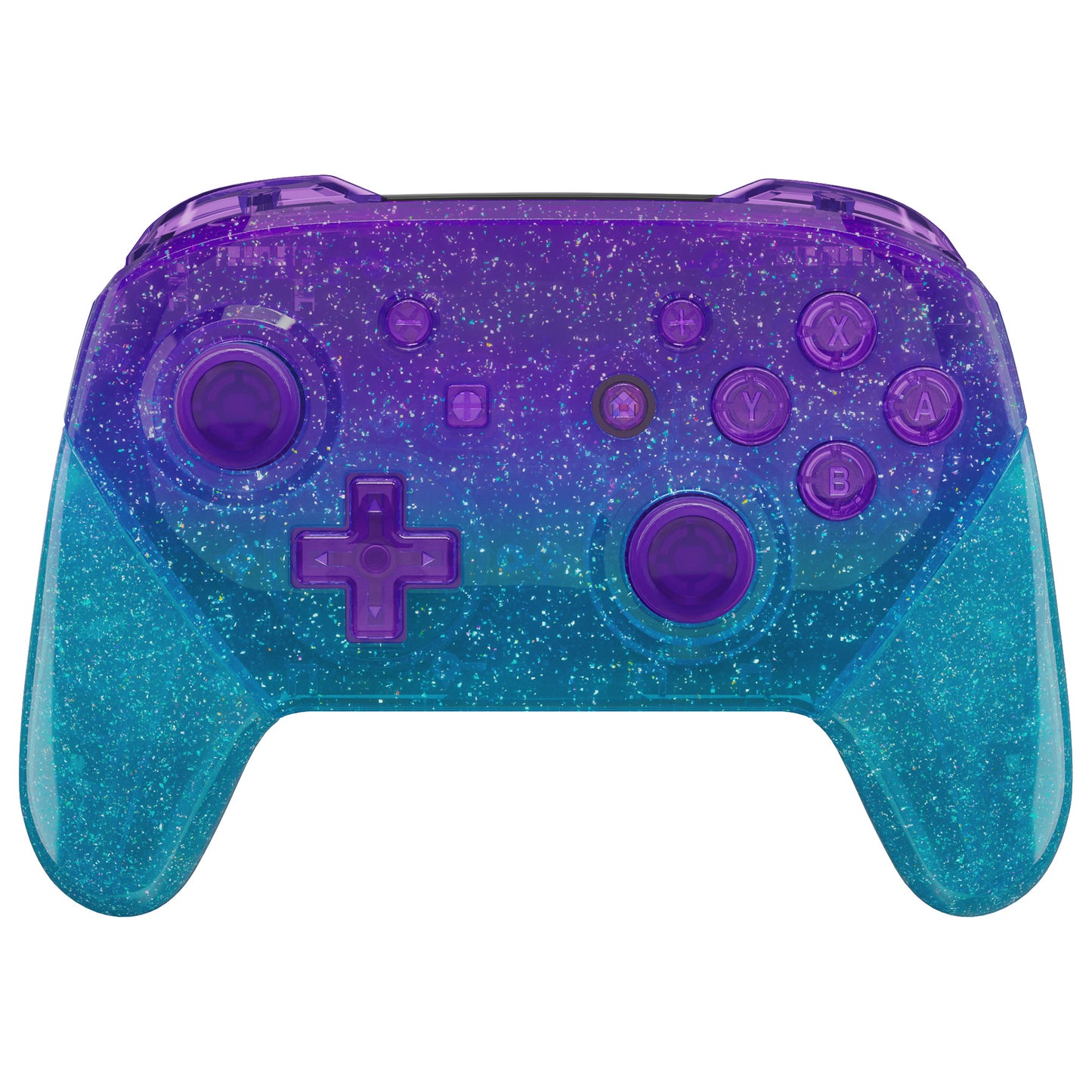 eXtremeRate Replacement Full Set Shell Faceplate Backplate Handles with Button Kit for Nintendo Switch Pro - Glitter Gradient Translucent Bluebell & Blue eXtremeRate