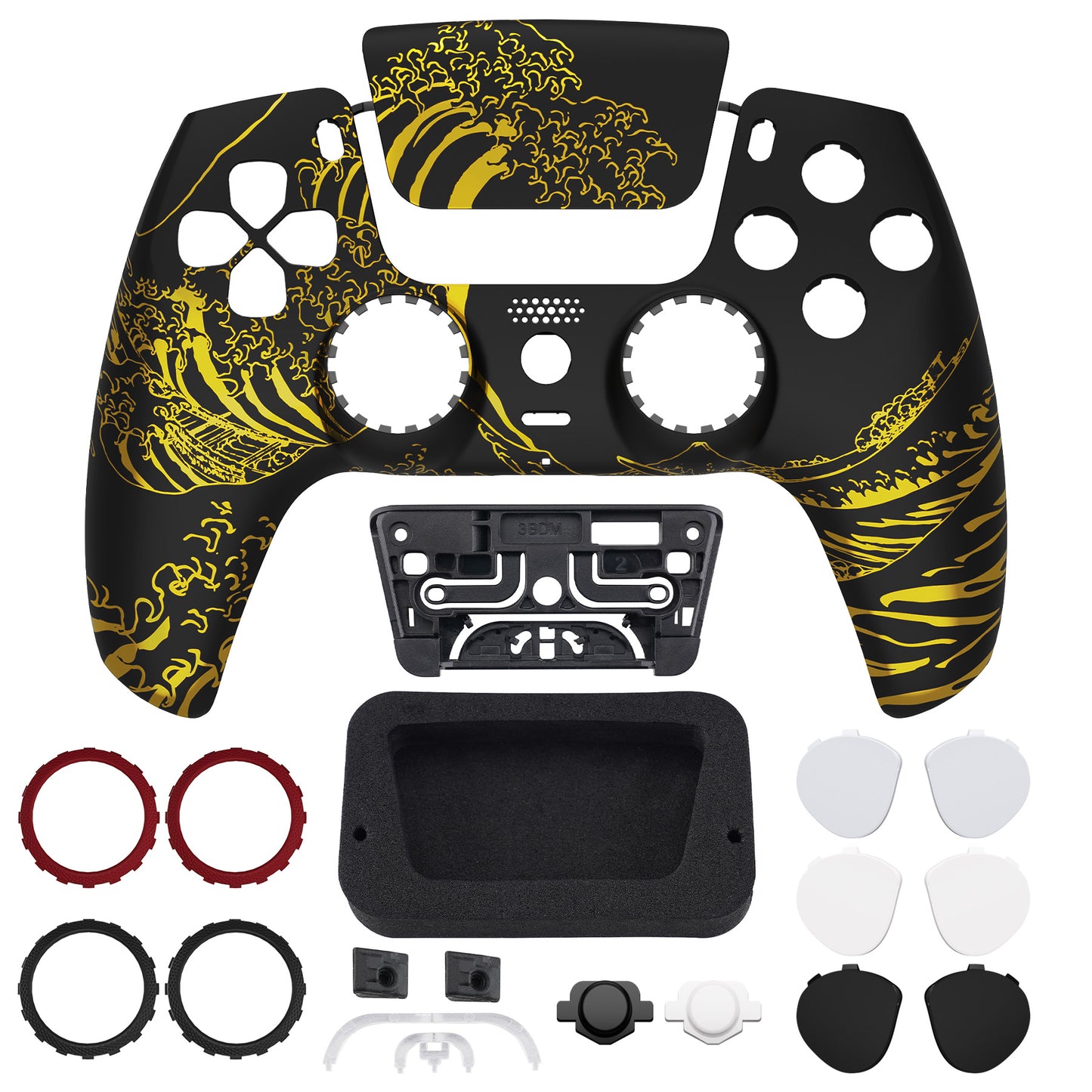 eXtremeRate LUNA Redesigned Replacement Front Shell with Touchpad Compatible with PS5 Controller BDM-010/020/030/040/050 - The Great GOLDEN Wave Off Kanagawa - Black