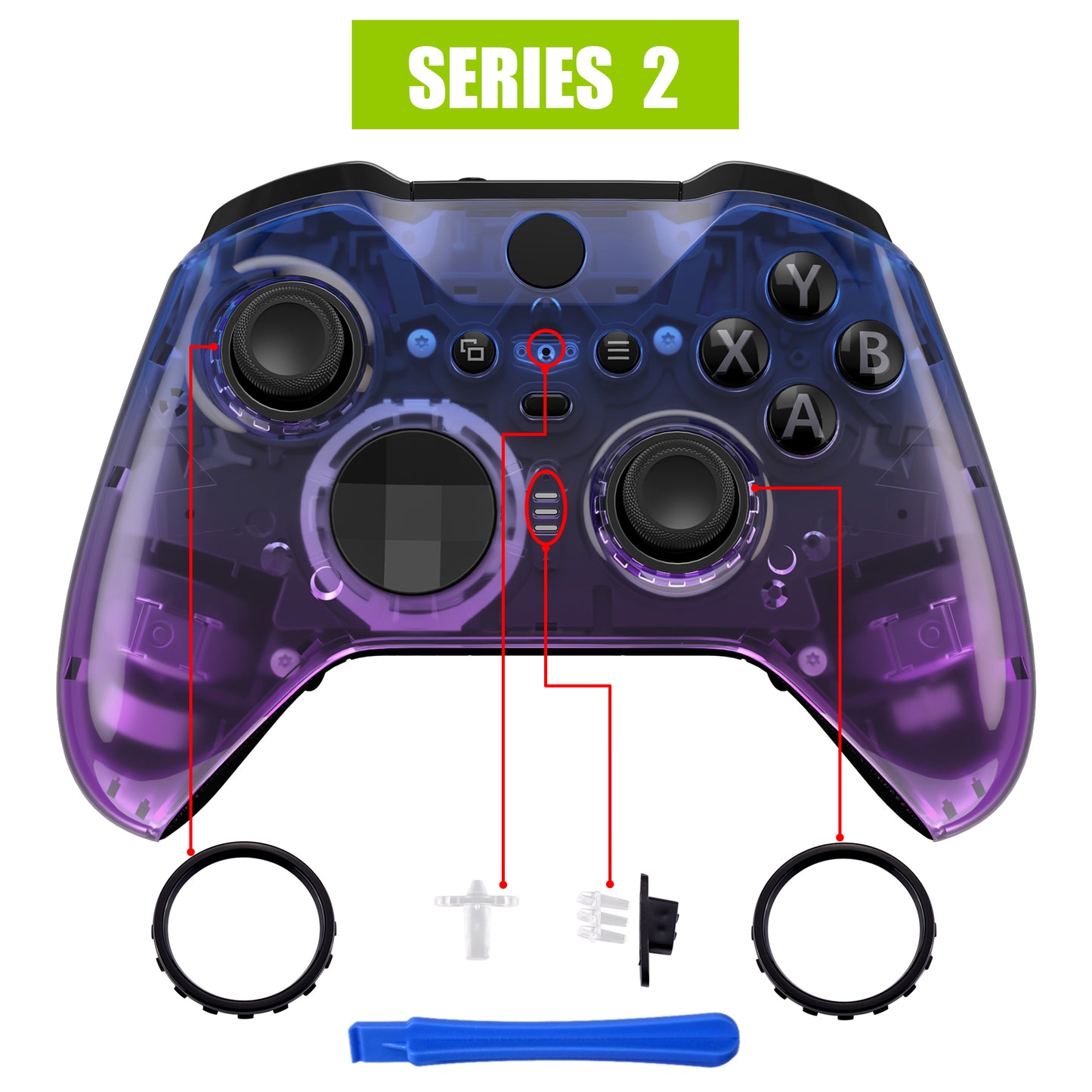 eXtremeRate Retail Gradient Translucent Bluebell Faceplate Cover, Glossy Front Housing Shell Case Replacement Kit for Xbox One Elite Series 2 Controller (Model 1797 and Core Model 1797) - Thumbstick Accent Rings Included - ELP334