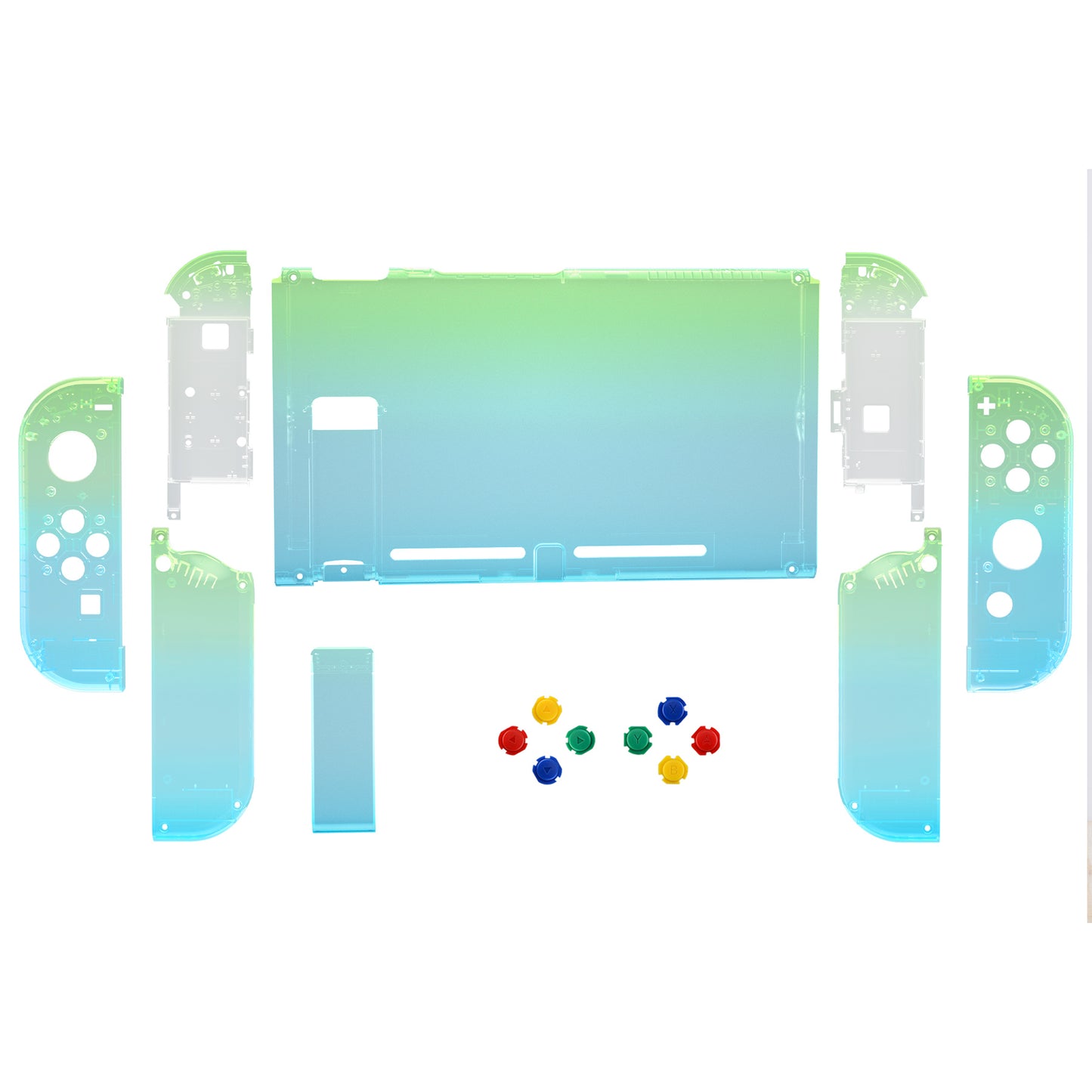 eXtremeRate Retail Clear Gradient Translucent Green Blue Back Plate for NS Switch Console, NS Joycon Handheld Controller Housing with Full Set Buttons, DIY Replacement Shell for Nintendo Switch - QP344