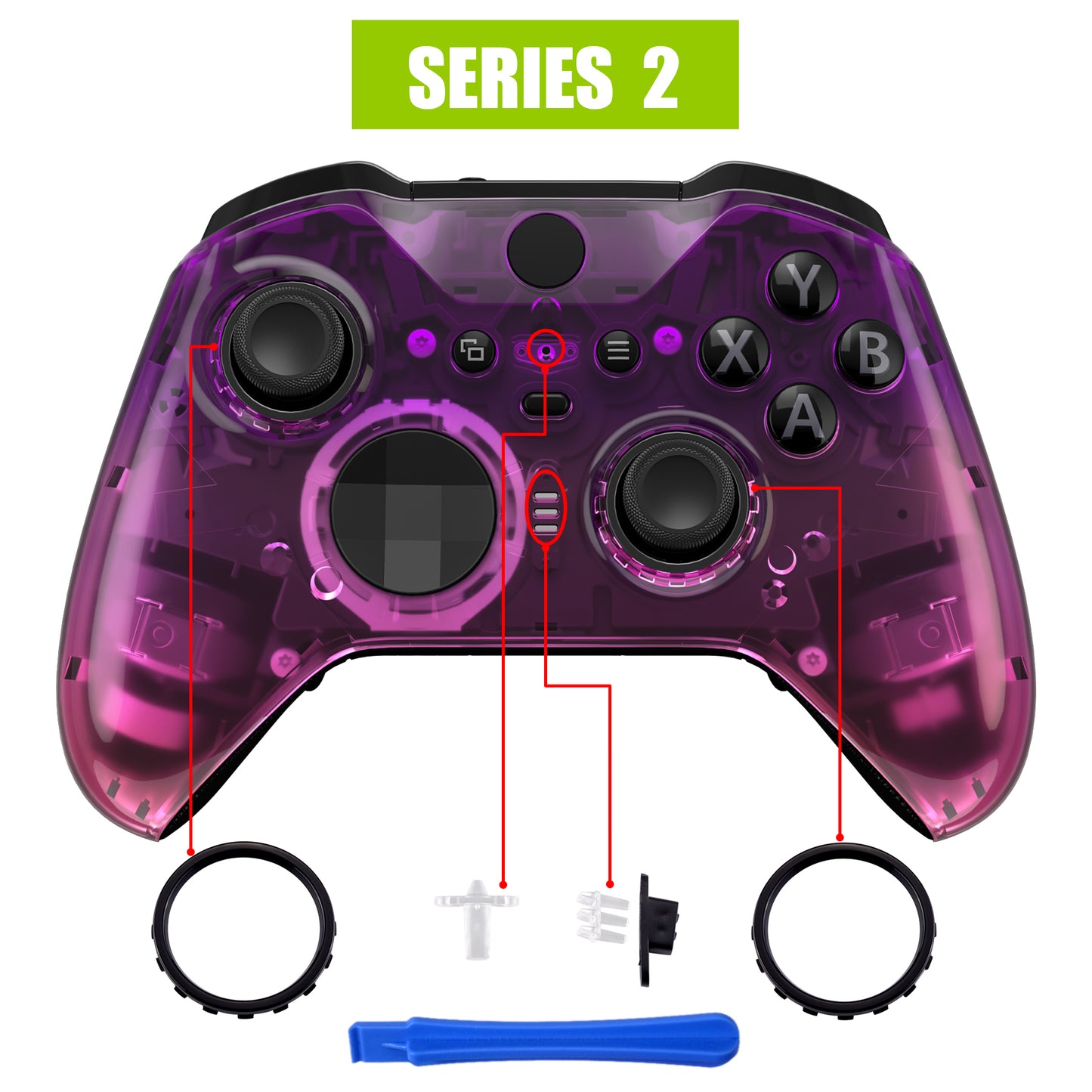 eXtremeRate Retail Gradient Translucent Purple Rose Red Faceplate Cover, Glossy Front Housing Shell Case Replacement Kit for Xbox One Elite Series 2 Controller (Model 1797 and Core Model 1797) - Thumbstick Accent Rings Included - ELP335