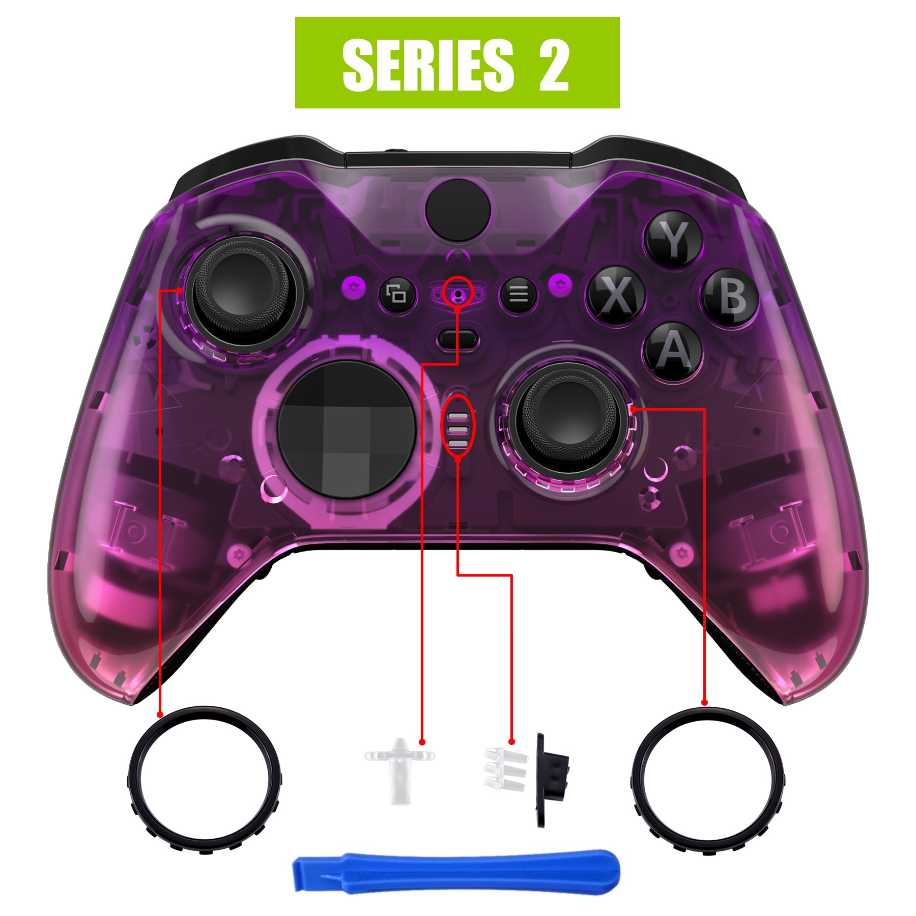 eXtremeRate Retail Gradient Translucent Purple Rose Red Faceplate Cover, Glossy Front Housing Shell Case Replacement Kit for Xbox One Elite Series 2 Controller (Model 1797 and Core Model 1797) - Thumbstick Accent Rings Included - ELP335