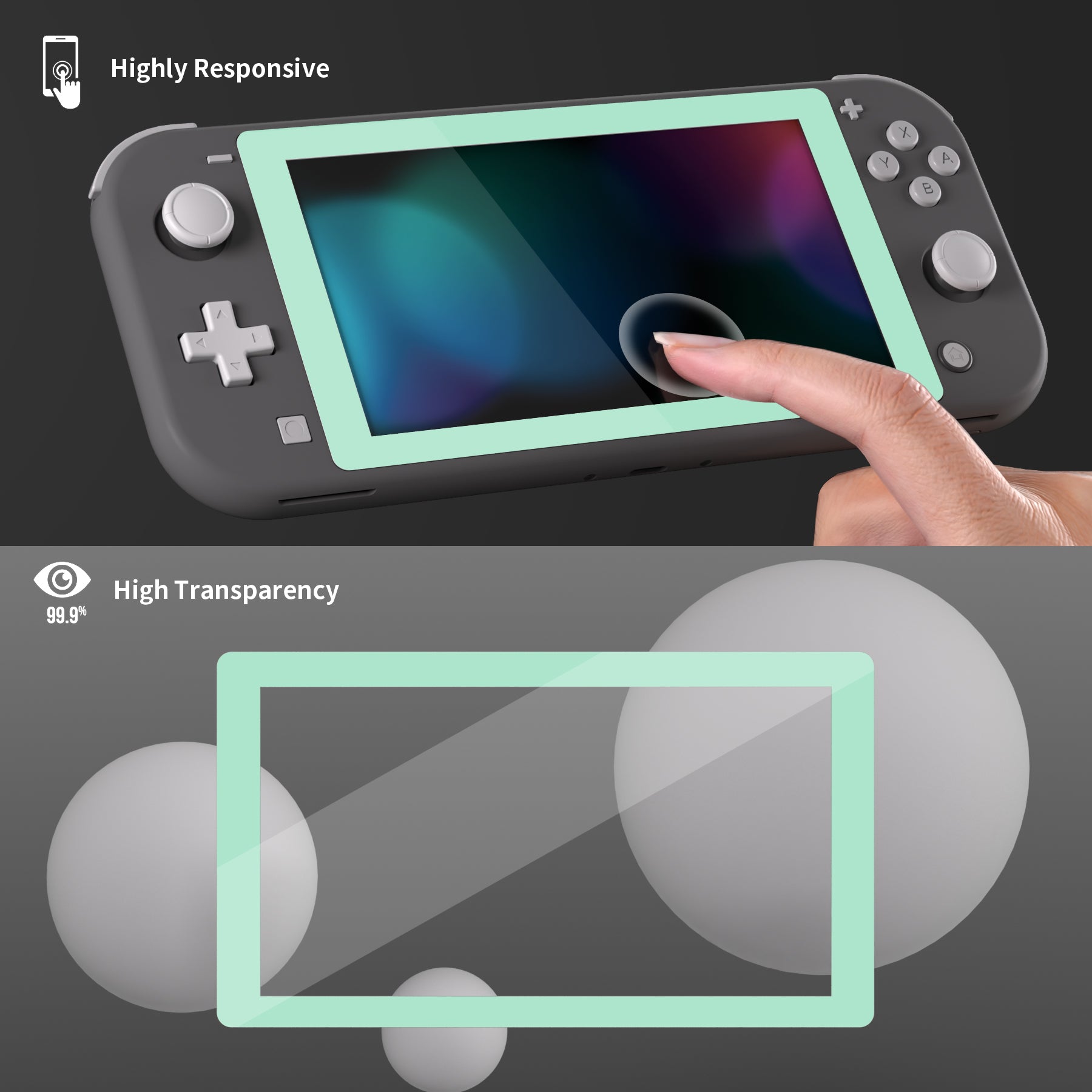 eXtremeRate Retail 2 Pack Misty Green Border Transparent HD Saver Protector Film, Tempered Glass Screen Protector for Nintendo Switch Lite [Anti-Scratch, Anti-Fingerprint, Shatterproof, Bubble-Free] - HL732