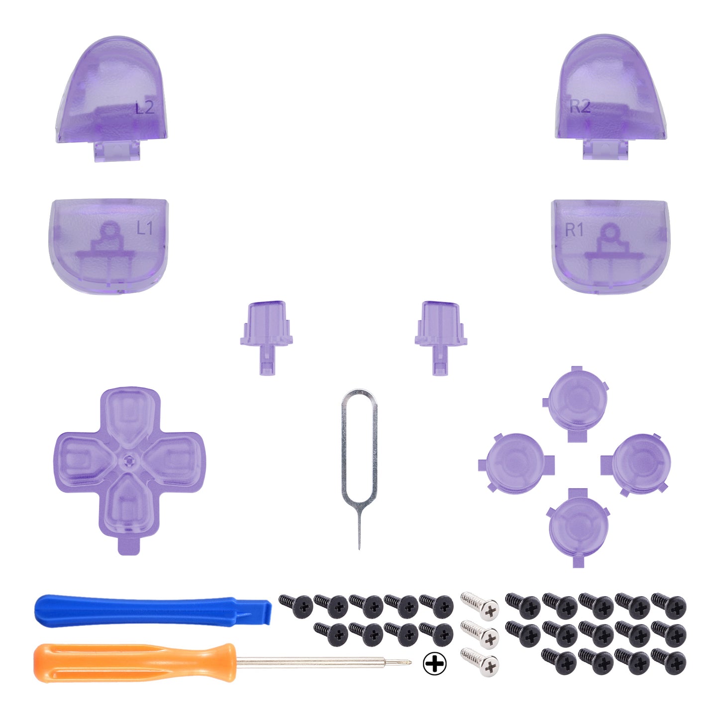 eXtremeRate Replacement Full Set Buttons Compatible with PS5 Controller BDM-030/040/050 - Clear Atomic Purple