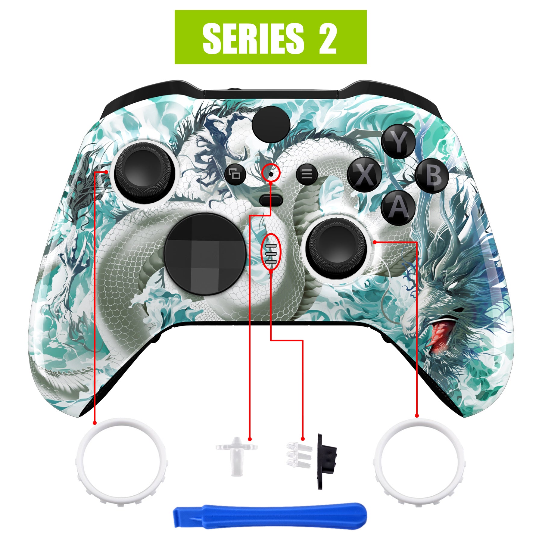 eXtremeRate Retail Jade Dragon - Cloud Dominator Replacement Front Housing Shell Case with Thumbstick Accent Rings for Xbox One Elite Series 2 Controller Model 1797 - ELT151