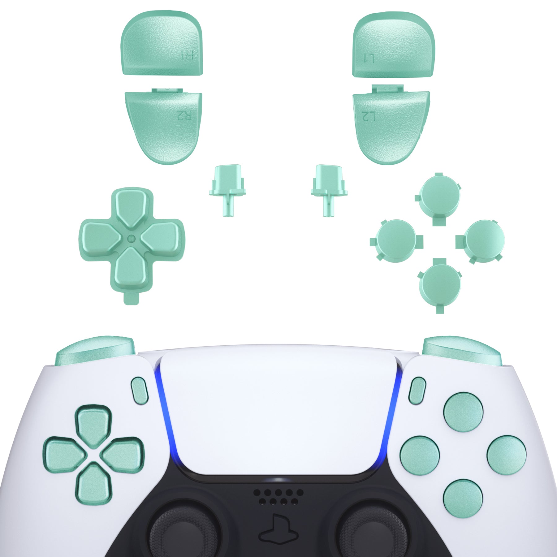 eXtremeRate Retail Replacement D-pad R1 L1 R2 L2 Triggers Share Options Face Buttons, Metallic Vista Green Full Set Buttons Compatible with ps5 Controller BDM-030 - JPF1044G3