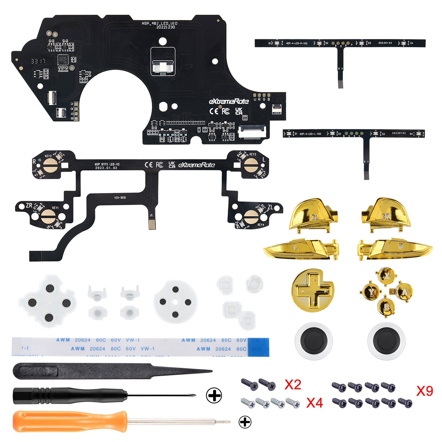 Multi-Colors Luminated Thumbsticks D-pad ABXY ZR ZL L R Chrome Gold Classic Symbol Buttons DTFS LED Kit for NS Switch Pro Controller - 9 Colors Modes 6 Areas DIY Option Button Control - NSLED021 eXtremeRate