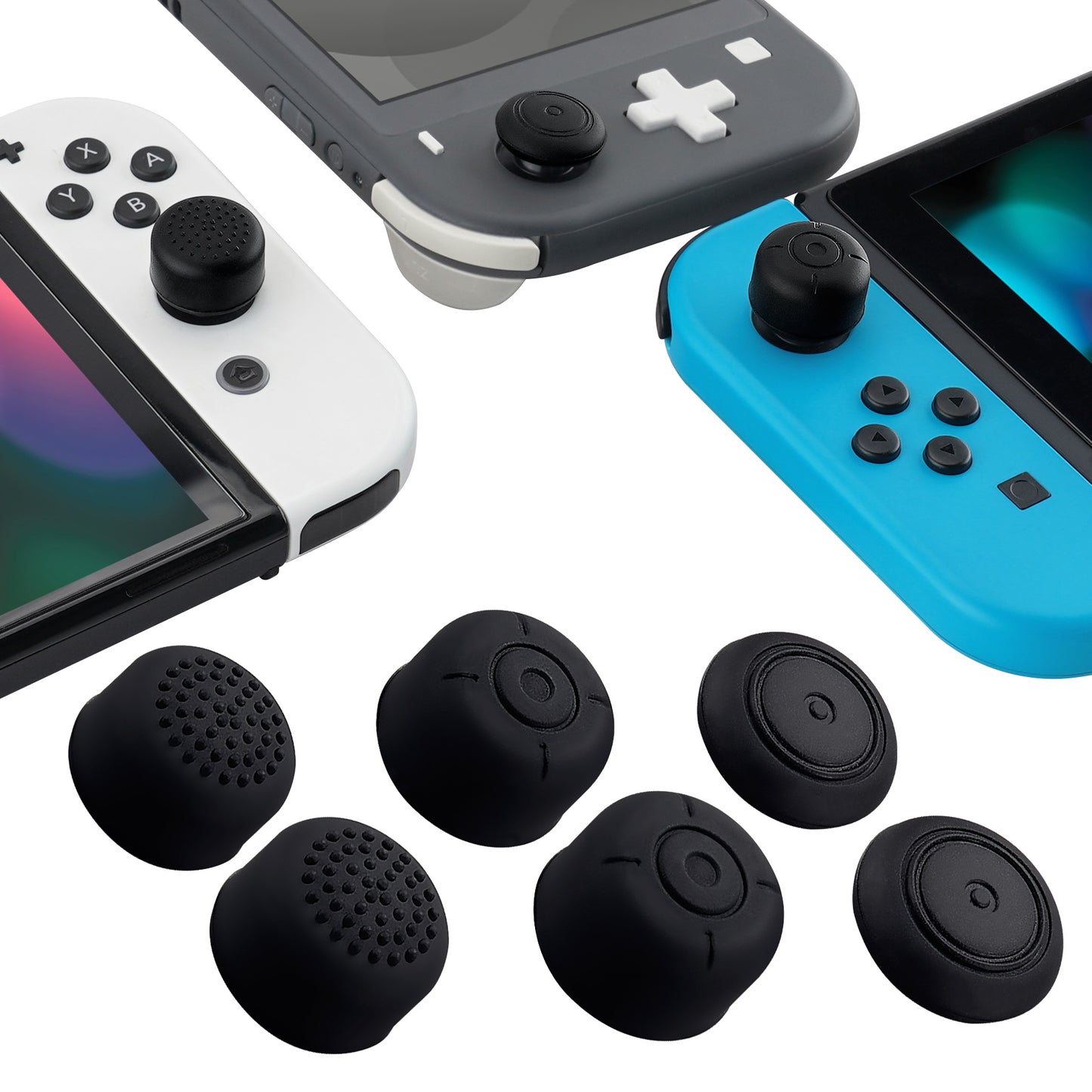 eXtremeRate Retail 6 Pcs Black Silicone Extended Length Thumb Grips for Nintendo Switch - NSPJ0006B