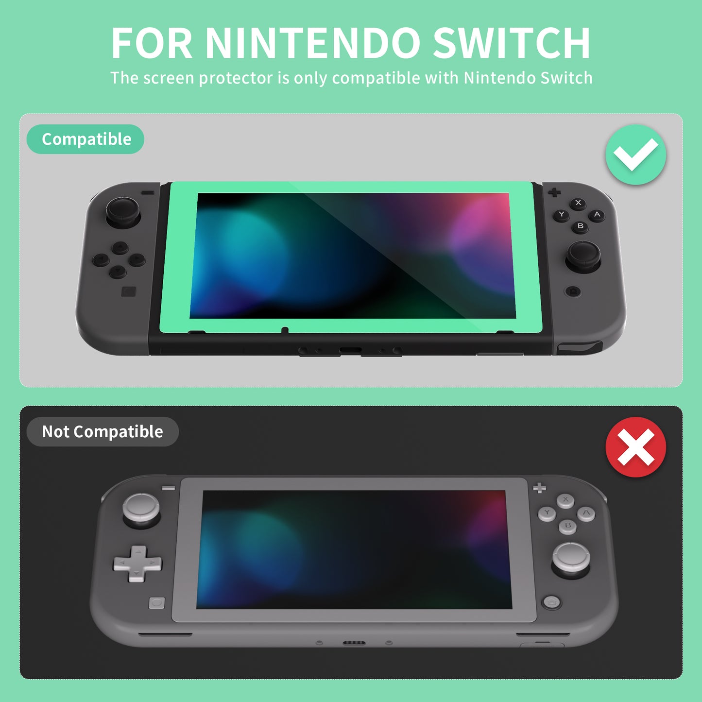 eXtremeRate Retail 2 Pack Mint Green Border Transparent HD Clear Saver Protector Film, Tempered Glass Screen Protector for Nintendo Switch [Anti-Scratch, Anti-Fingerprint, Shatterproof, Bubble-Free] - NSPJ0706