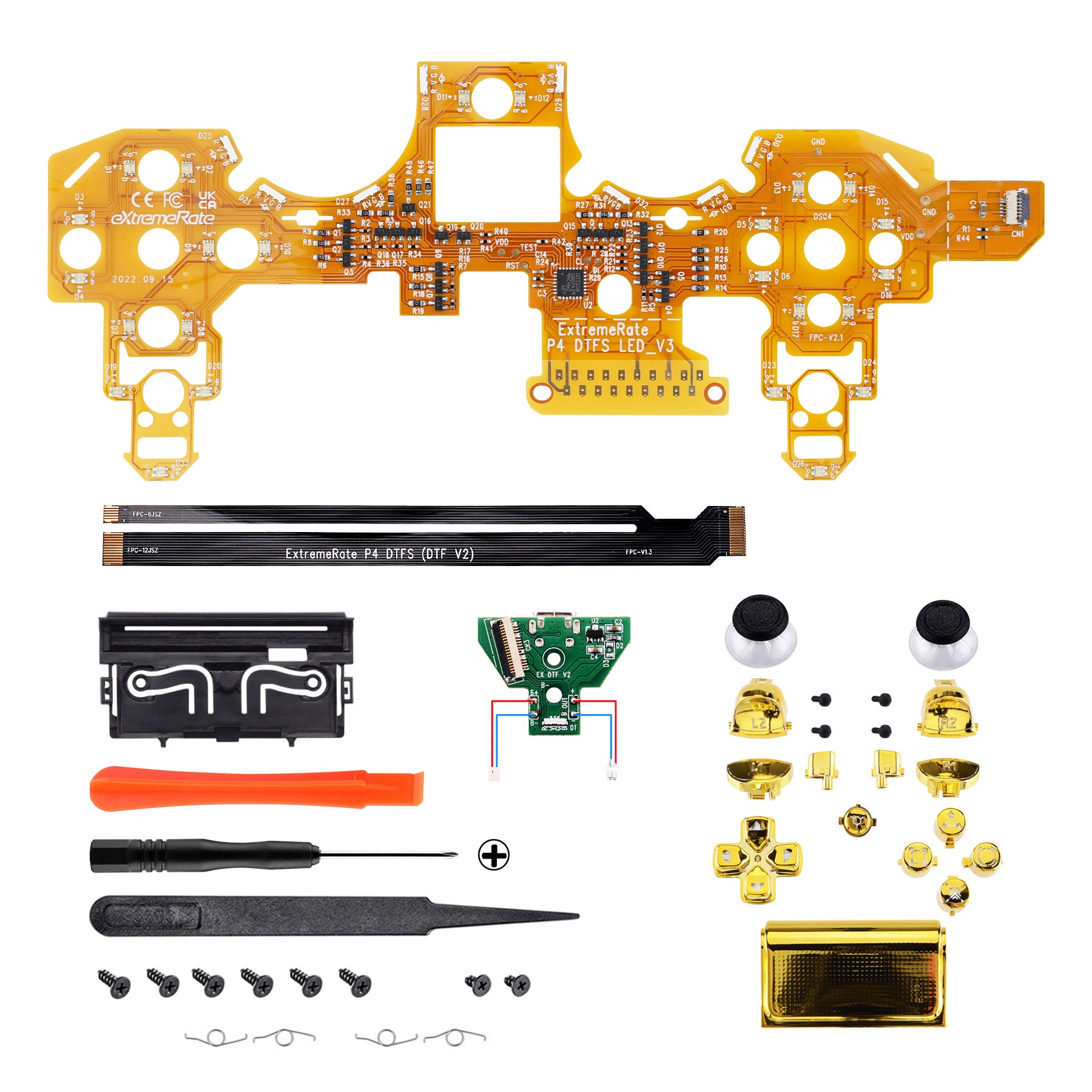 eXtremeRate Chrome Gold Classical Symbols Custom Replacement Full Set Buttons for PS4 Slim Pro CUH-ZCT2 Controller - Compatible with PS4 DTFS LED Kit