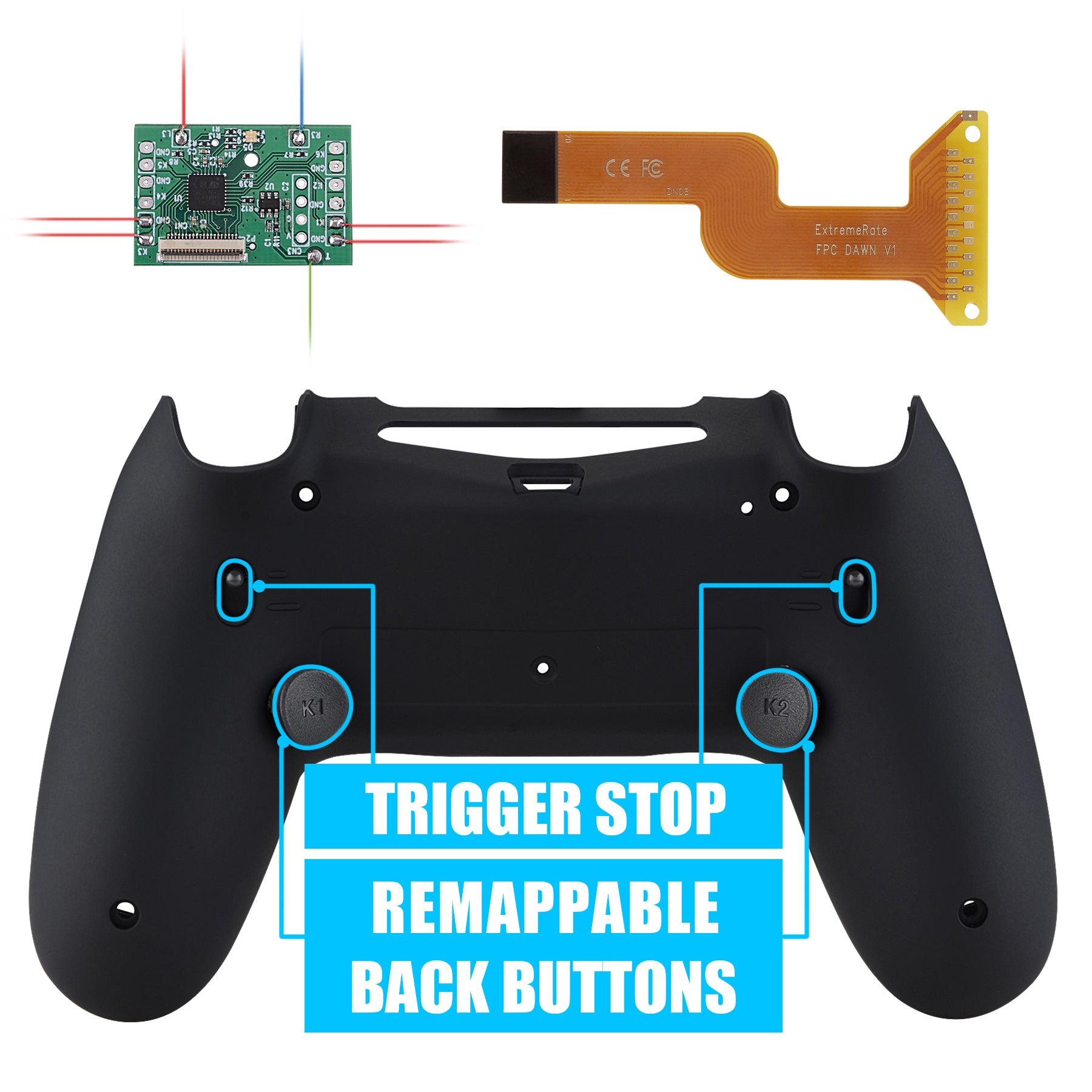 Soft Touch Black Dawn 2.0 FlashShot Trigger Stop Remap Kit for ps4 CUH-ZCT2 Controller, Part & Back Shell & 2 Back Buttons & 2 Trigger Lock for ps4 Controller JDM 040/050/055 - P4QS008 eXtremeRate