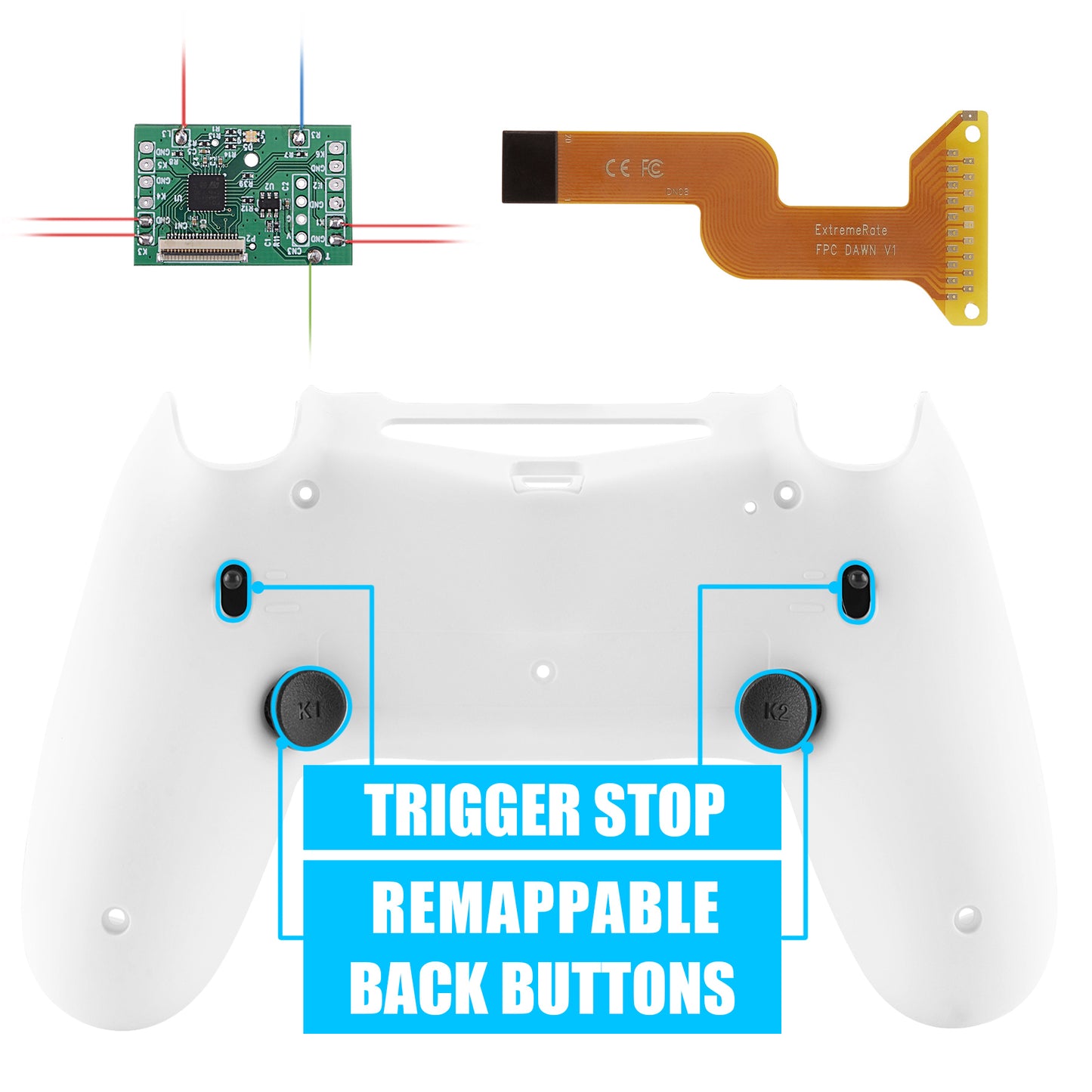 Soft Touch White Dawn 2.0 FlashShot Trigger Stop Remap Kit for ps4 CUH-ZCT2 Controller, Part & Back Shell & 2 Back Buttons & 2 Trigger Lock for ps4 Controller JDM 040/050/055 - P4QS009 eXtremeRate