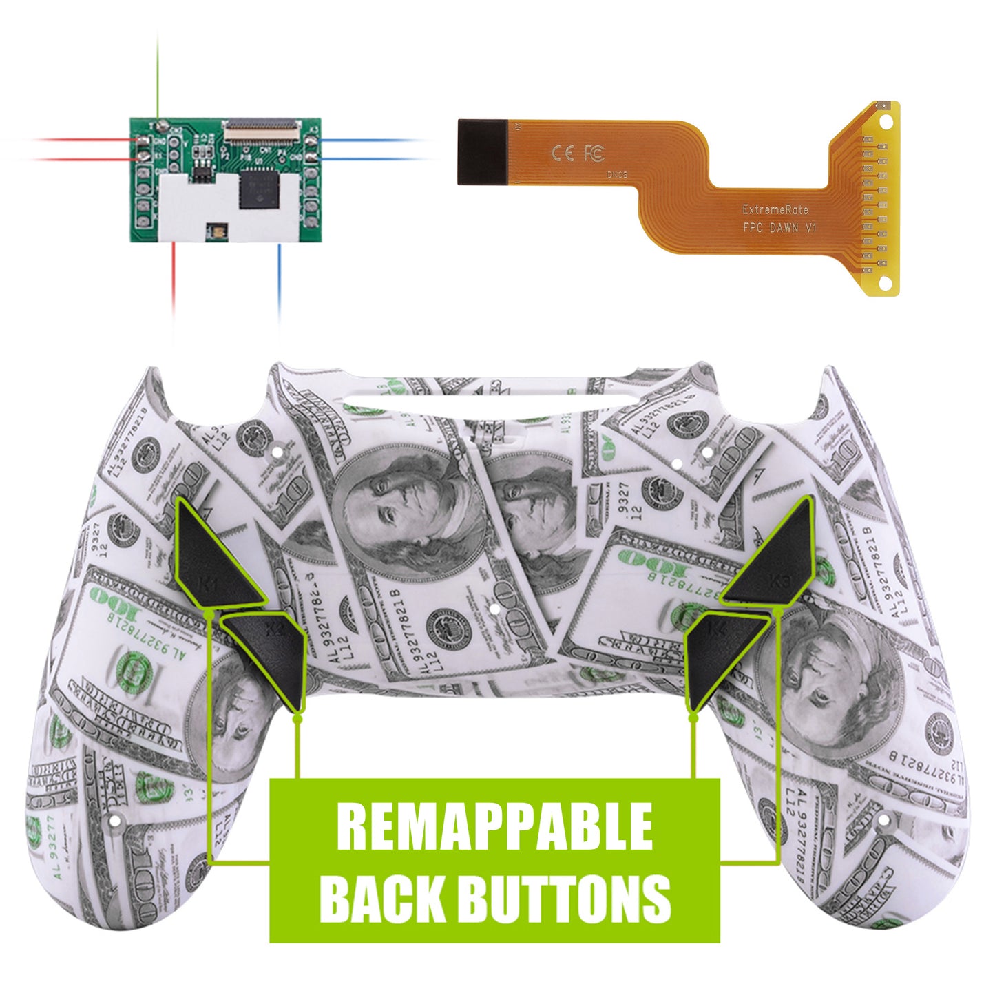 100$ Cash Money Dollar Patterned Dawn Remappable Remap Kit with Redesigned Back Shell & 4 Back Buttons for ps4 Controller JDM 040/050/055 - P4RM001 eXtremeRate