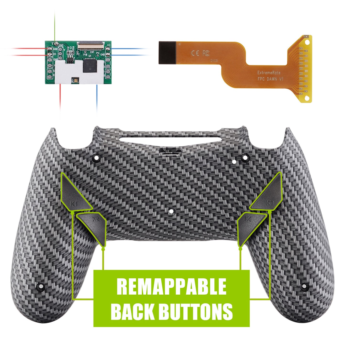 Black Silver Carbon Fiber Patterned Dawn Remappable Remap Kit with Redesigned Back Shell & 4 Back Buttons for ps4 Controller JDM 040/050/055 - P4RM003 eXtremeRate