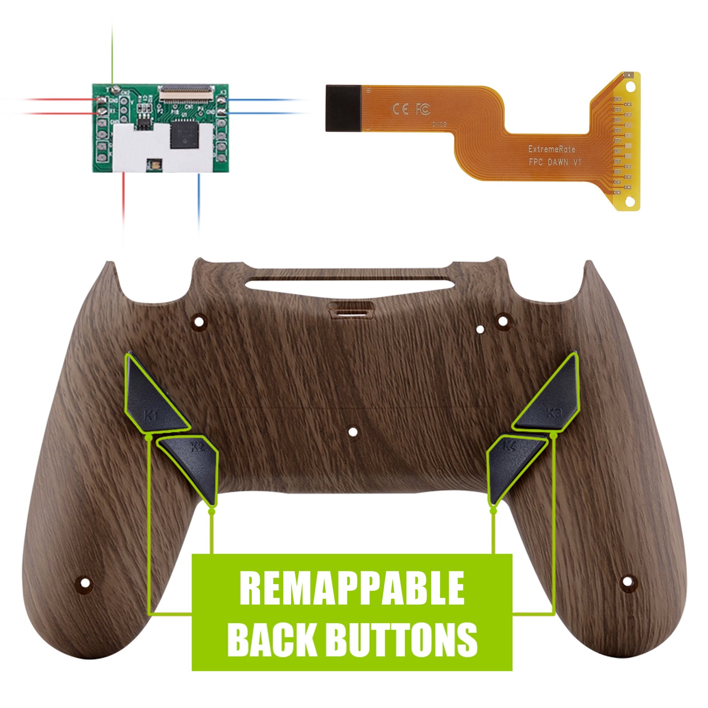 Wood Grain Patterned Dawn Remappable Remap Kit with Redesigned Back Shell & 4 Back Buttons for ps4 Controller JDM 040/050/055 - P4RM004 eXtremeRate
