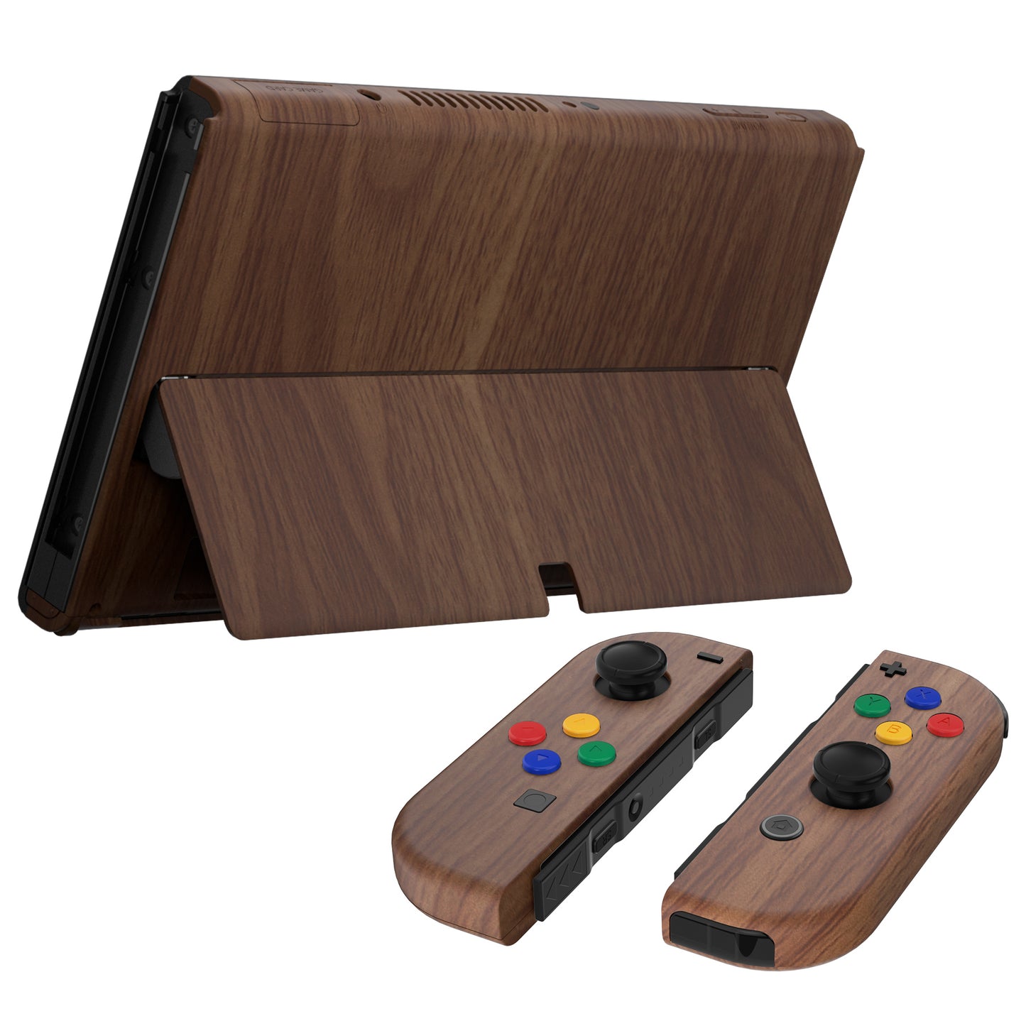eXtremeRate Retail Wood Grain Soft Touch Full Set Shell for Nintendo Switch OLED, Replacement Console Back Plate & Metal Kickstand, NS Joycon Handheld Controller Housing & Buttons for Nintendo Switch OLED - QNSOS2001