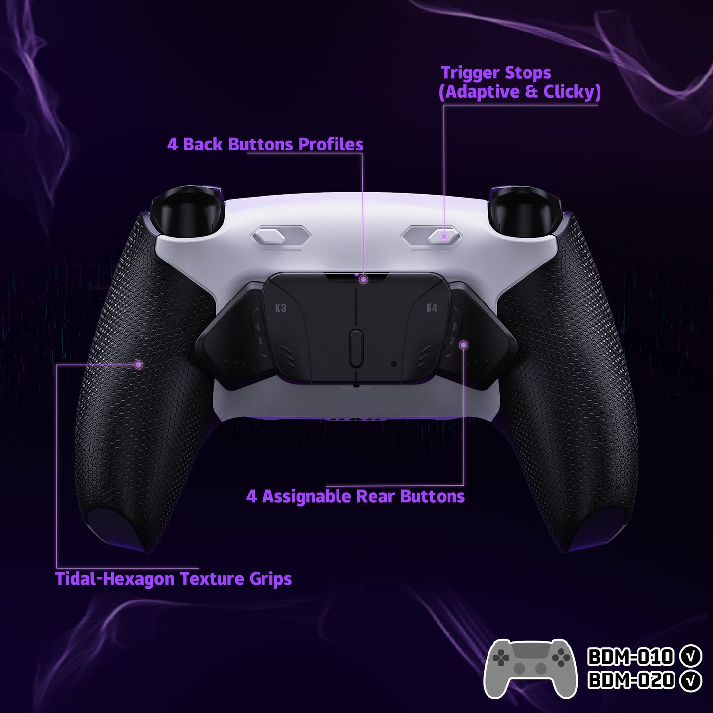 eXtremeRate RISE4 Plus MAX Back Paddles Kit with Clicky Trigger Stops & Rubberized Grip for PS5 Controller BDM-010/020 - Rubberized White Black - Black