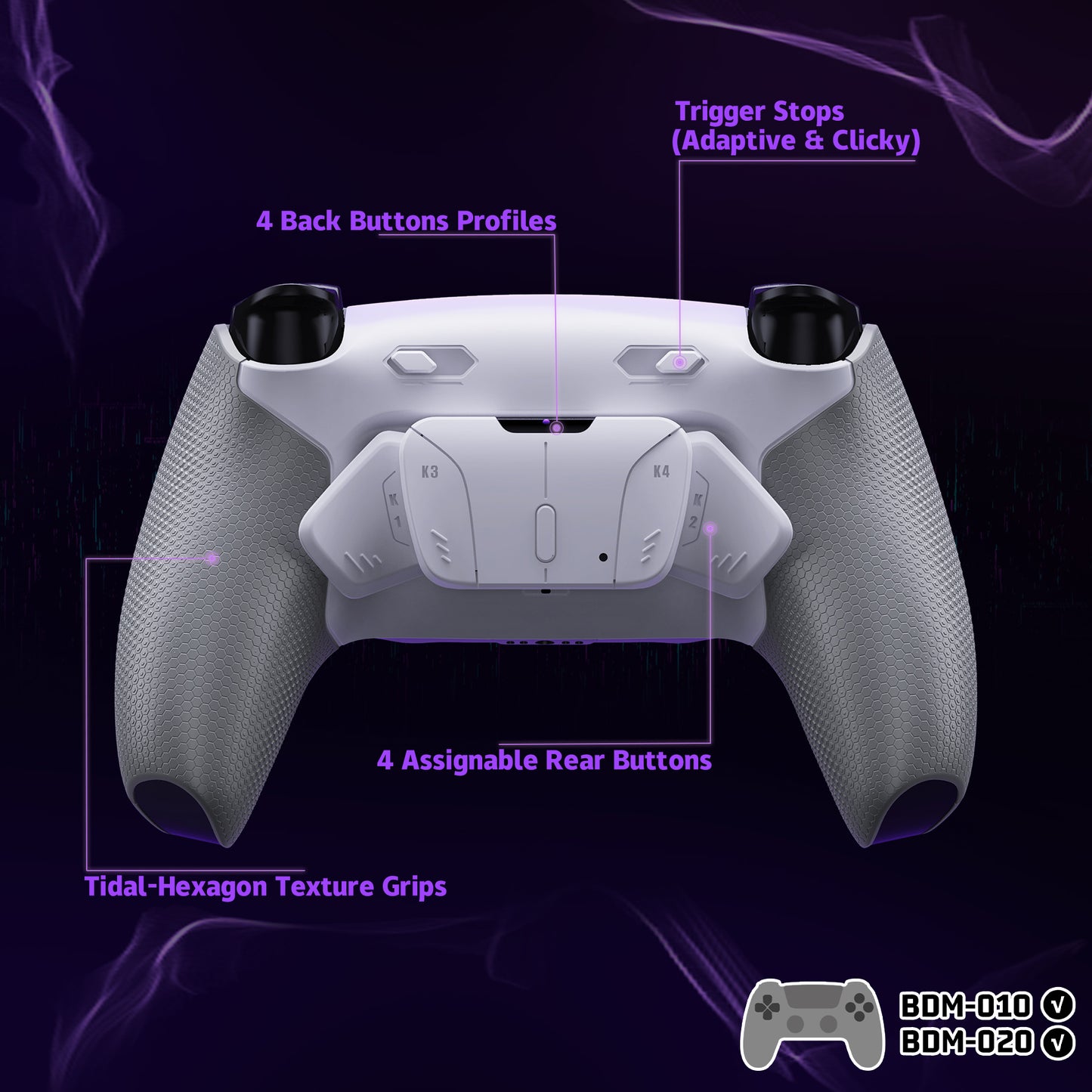 eXtremeRate RISE4 Plus MAX Back Paddles Kit with Clicky Trigger Stops & Rubberized Grip for PS5 Controller BDM-010/020 - Rubberized White Gray