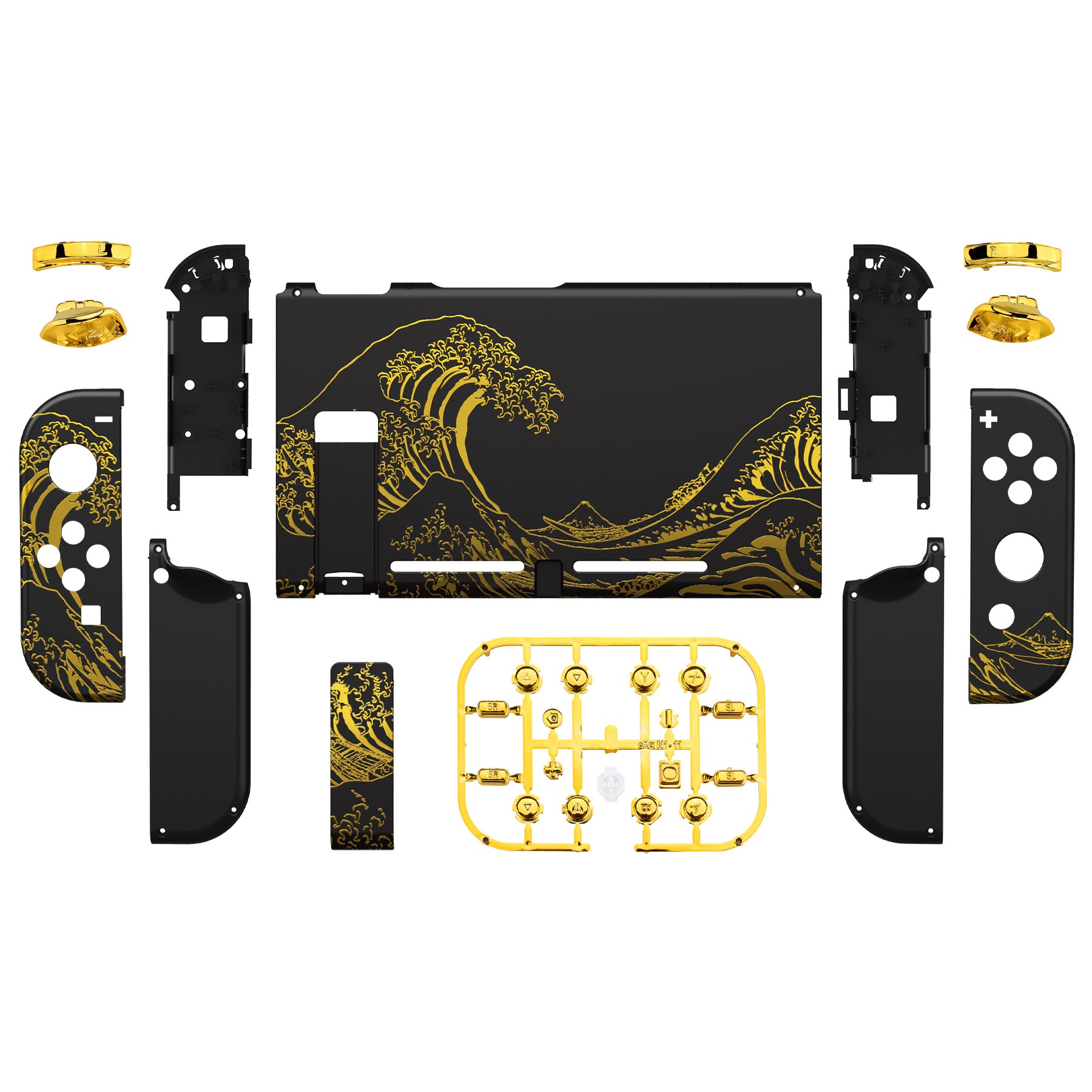 eXtremeRate Retail The Great GOLDEN Wave Off Kanagawa - Black Handheld Console Back Plate, Joycon Handheld Controller Housing Shell With Full Set Buttons DIY Replacement Part for Nintendo Switch - QT120