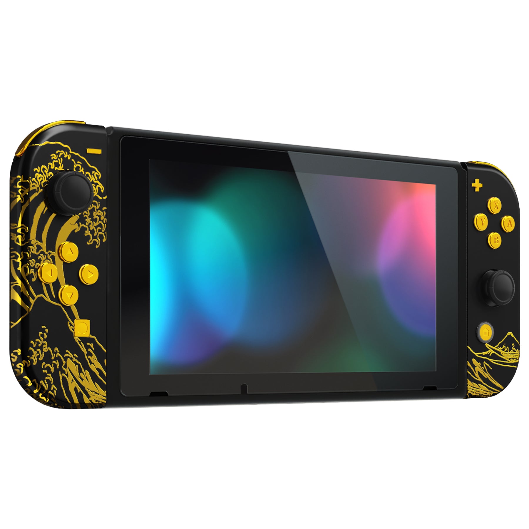 eXtremeRate Retail The Great GOLDEN Wave Off Kanagawa - Black Handheld Console Back Plate, Joycon Handheld Controller Housing Shell With Full Set Buttons DIY Replacement Part for Nintendo Switch - QT120