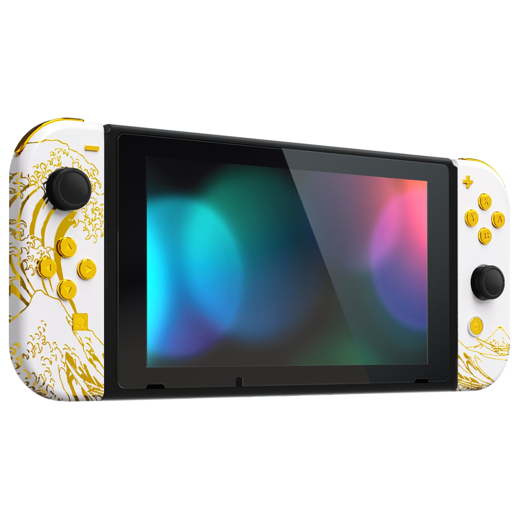 eXtremeRate Replacement Full Set Shells with Buttons for Nintendo Switch -  The Great GOLDEN Wave Off Kanagawa - White