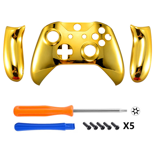 eXtremeRate Replacement Front Housing Shell with Side Rails Panel for Xbox One X & S Controller (Model 1708) - Chrome Gold Glossy eXtremeRate
