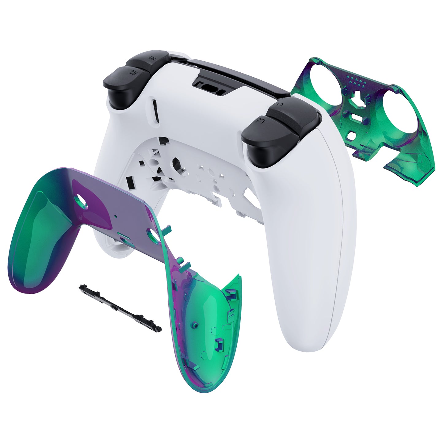 eXtremeRate Replacement Top Bottom Decorative Trim Shell Compatible with PS5 Edge Controller - Chameleon Green Purple