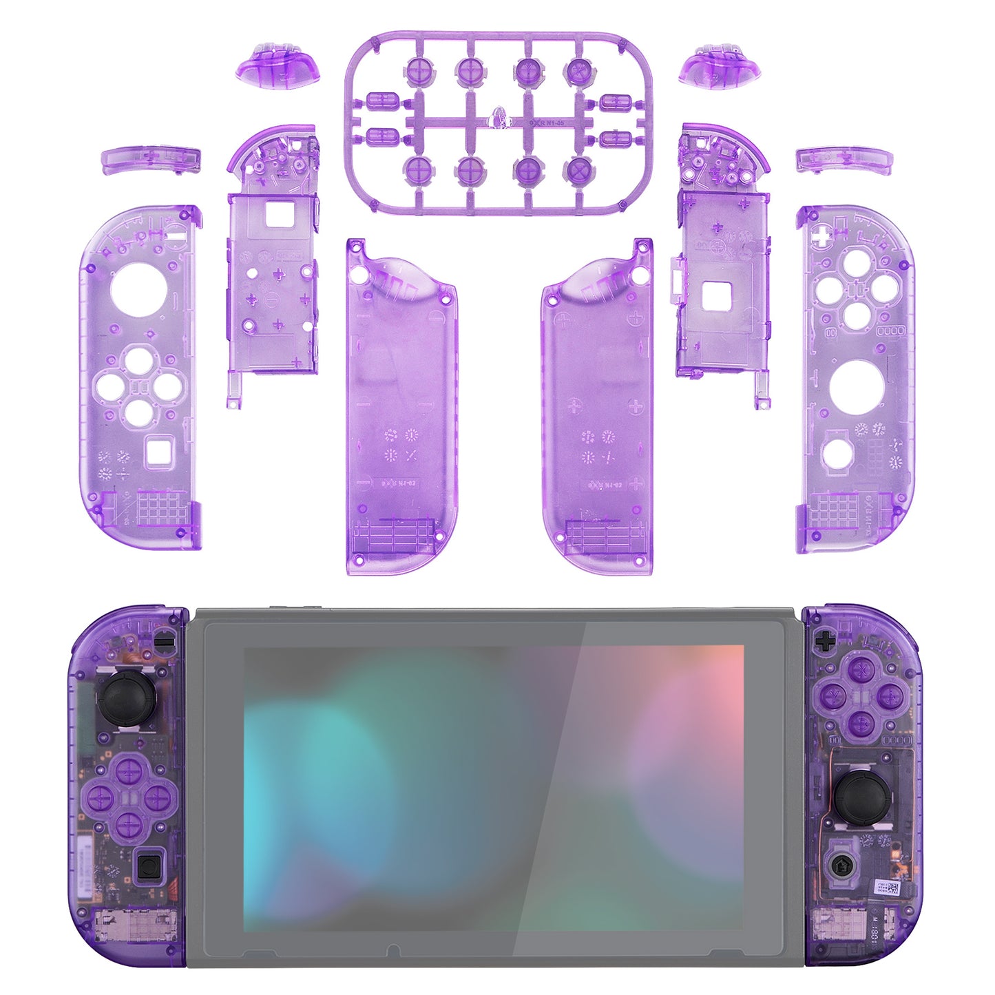 eXtremeRate Replacement Full Set Shell Case with Buttons for Joycon of NS Switch - Clear Atomic Purple