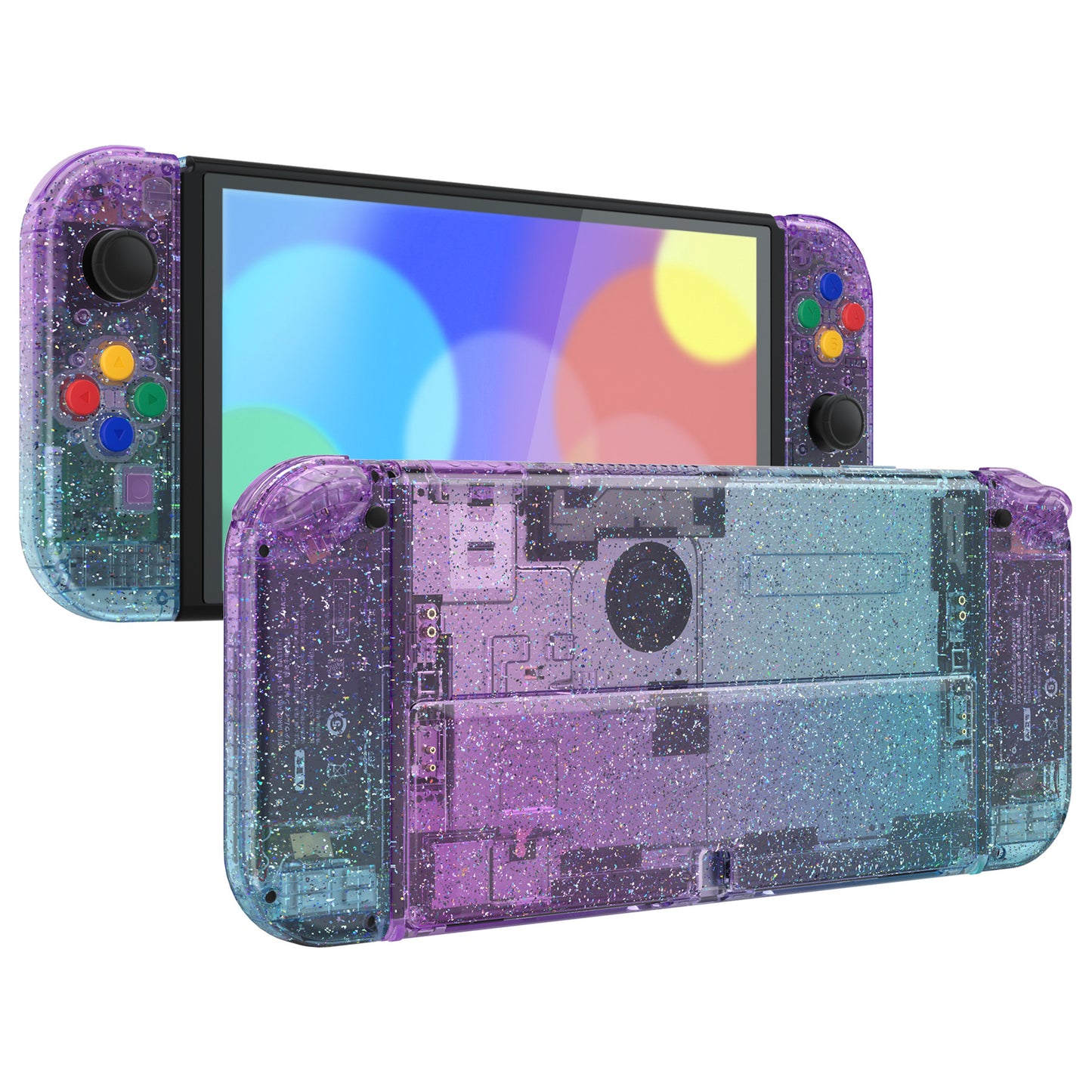 eXtremeRate Custom Replacement Full Set Shell with Buttons for Nintendo Switch OLED - Glitter Gradient Translucent Bluebell & Blue