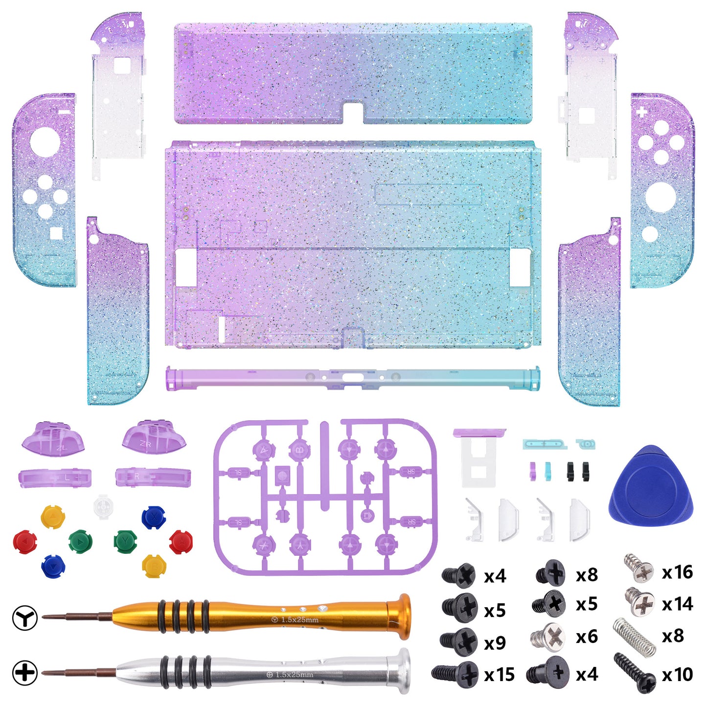 eXtremeRate Custom Replacement Full Set Shell with Buttons for Nintendo Switch OLED - Glitter Gradient Translucent Bluebell & Blue