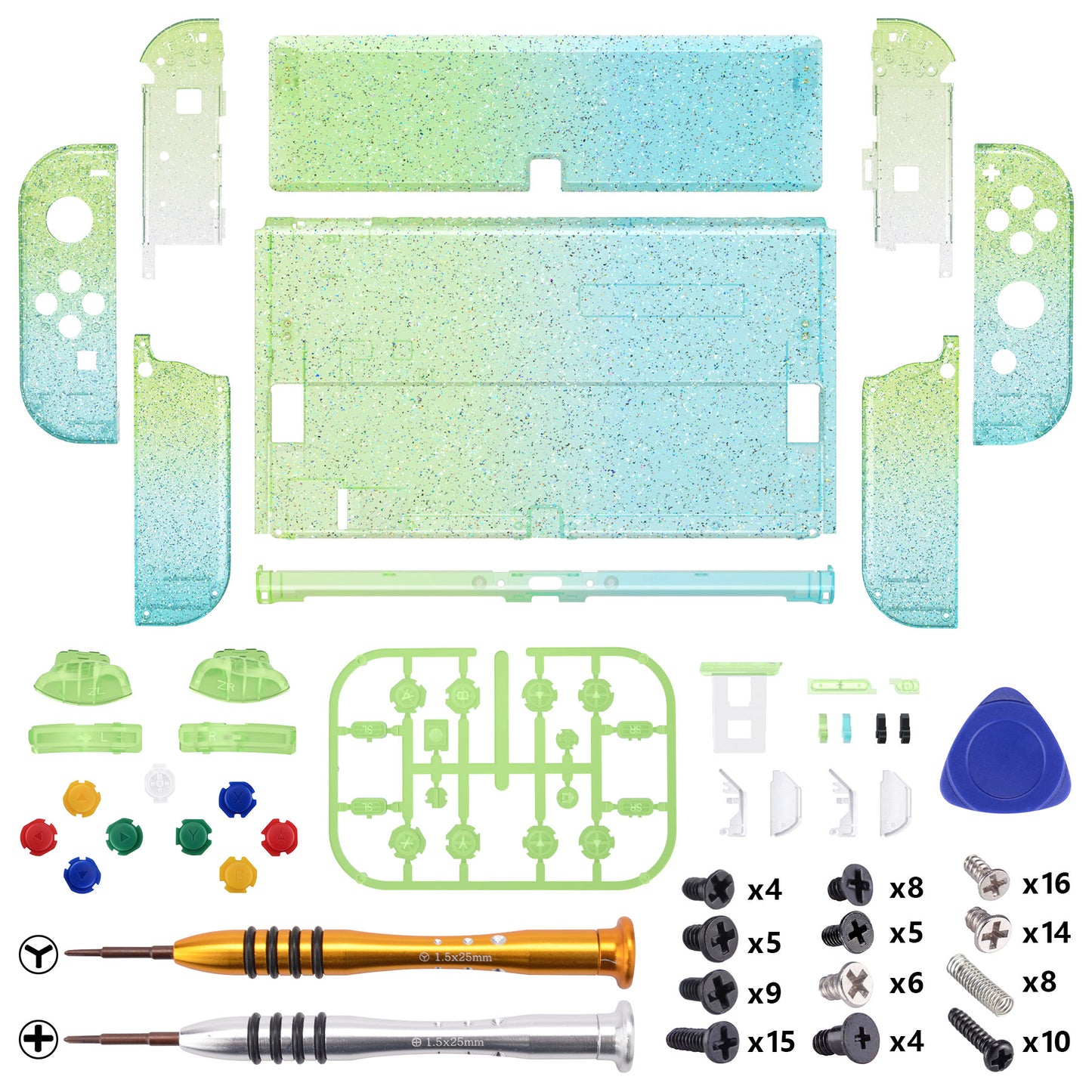 eXtremeRate Custom Replacement Full Set Shell with Buttons for Nintendo Switch OLED - Glitter Gradient Translucent Green Blue