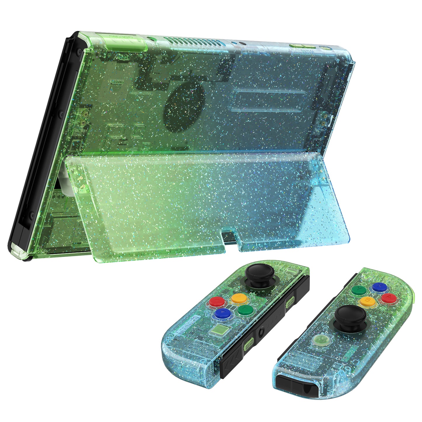 eXtremeRate Custom Replacement Full Set Shell with Buttons for Nintendo Switch OLED - Glitter Gradient Translucent Green Blue