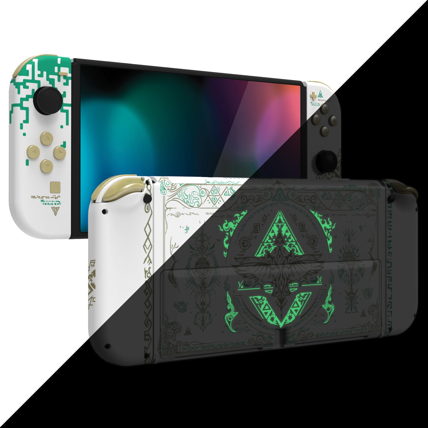 eXtremeRate Custom Replacement Full Set Shell with Buttons for Nintendo Switch OLED - Glow in Dark - Totem of Kingdom White