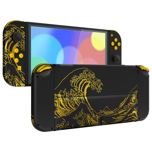 eXtremeRate Custom Replacement Full Set Shell with Buttons for Nintendo Switch OLED - The Great GOLDEN Wave Off Kanagawa - Black eXtremeRate